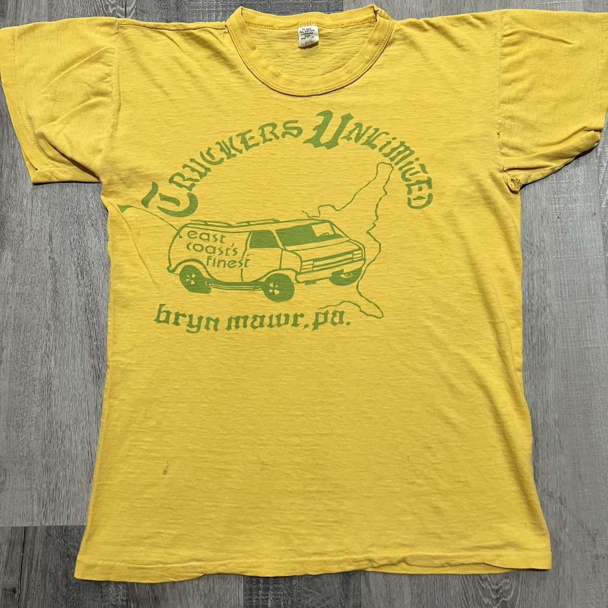 image of Vintage VTG 1960S Truckers Unlimited Yellow Bryn Mawr Van Life Shirt, Men's (Size XS)