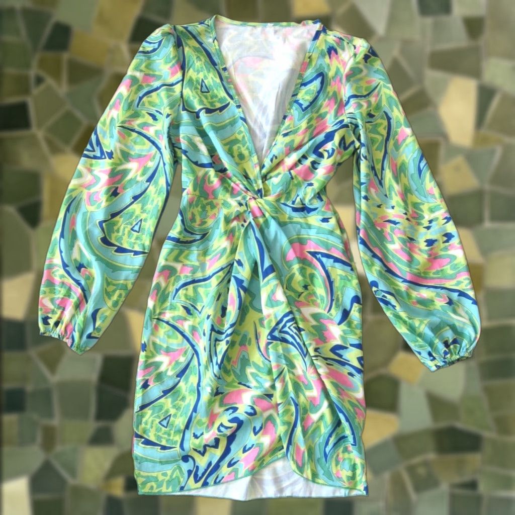 Shein VINTAGE Shein Green Blue Pink Retro Stretch V-Neck Twist Long Sleeve Dress Women XS/2 Size XS / US 0-2 / IT 36-38 - 1 Thumbnail
