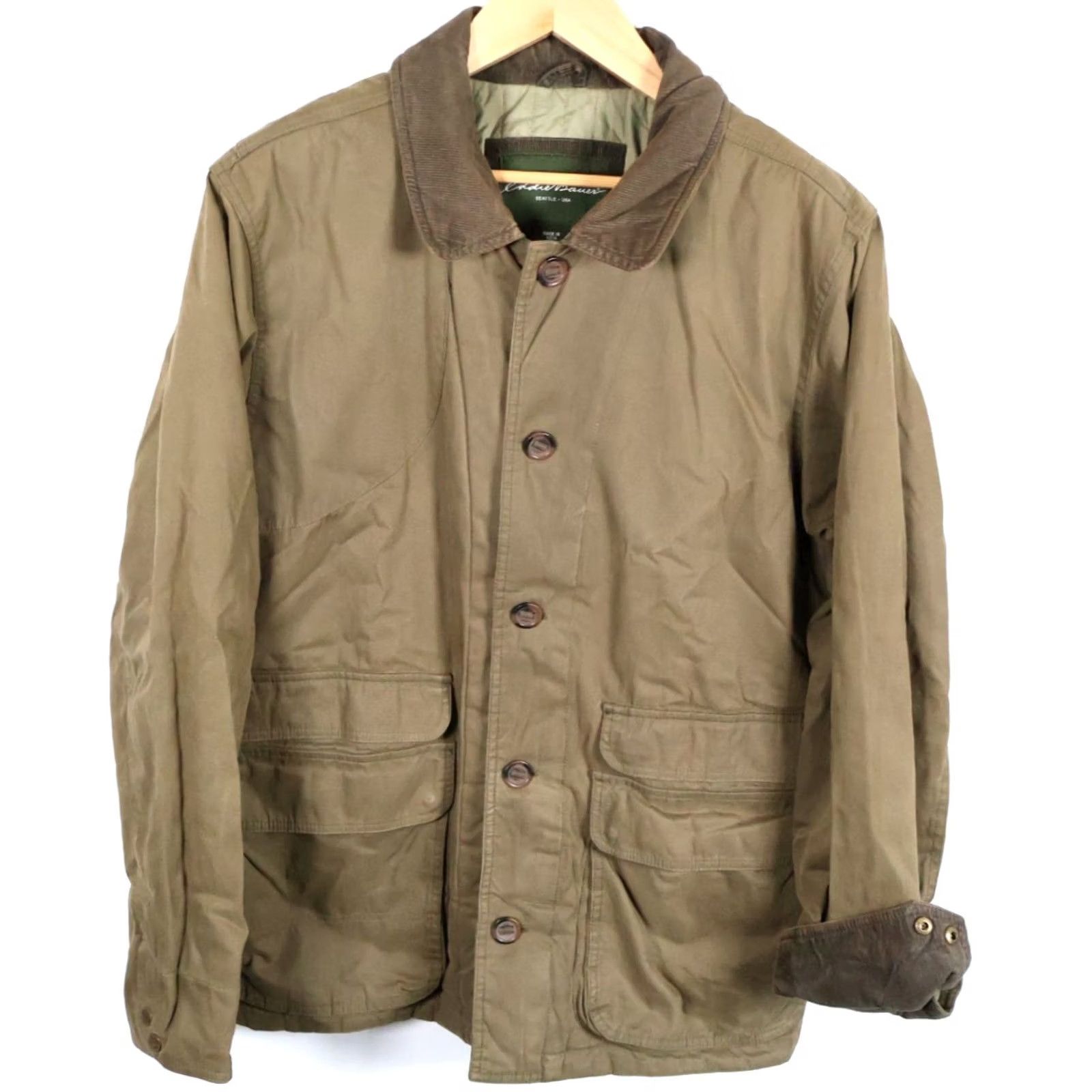Eddie Bauer Eddie Bauer Barn Jacket Men XL Green Full Zip Corduroy Trim Lining Quilted Nylon Pockets Side Zip Front Button Overlay military jacket style Size US XL / EU 56 / 4 - 2 Thumbnail