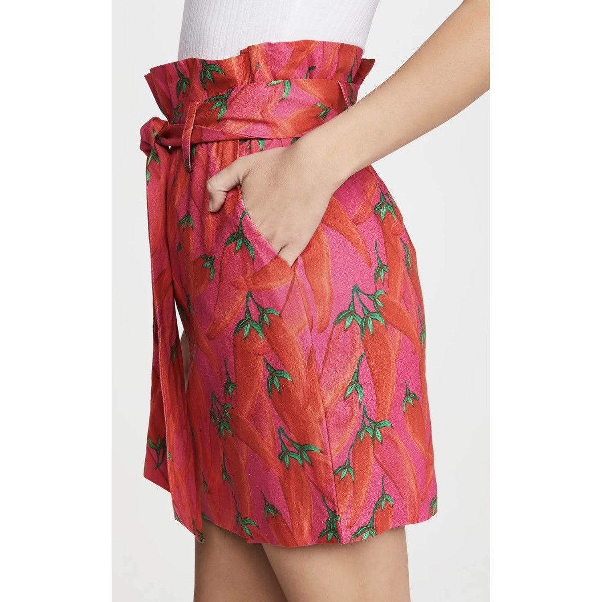 Farm Rio FARM Rio Pink & Red Chili Peppers Paperbag Mini Skirt Size 26" / US 2 / IT 38 - 2 Thumbnail