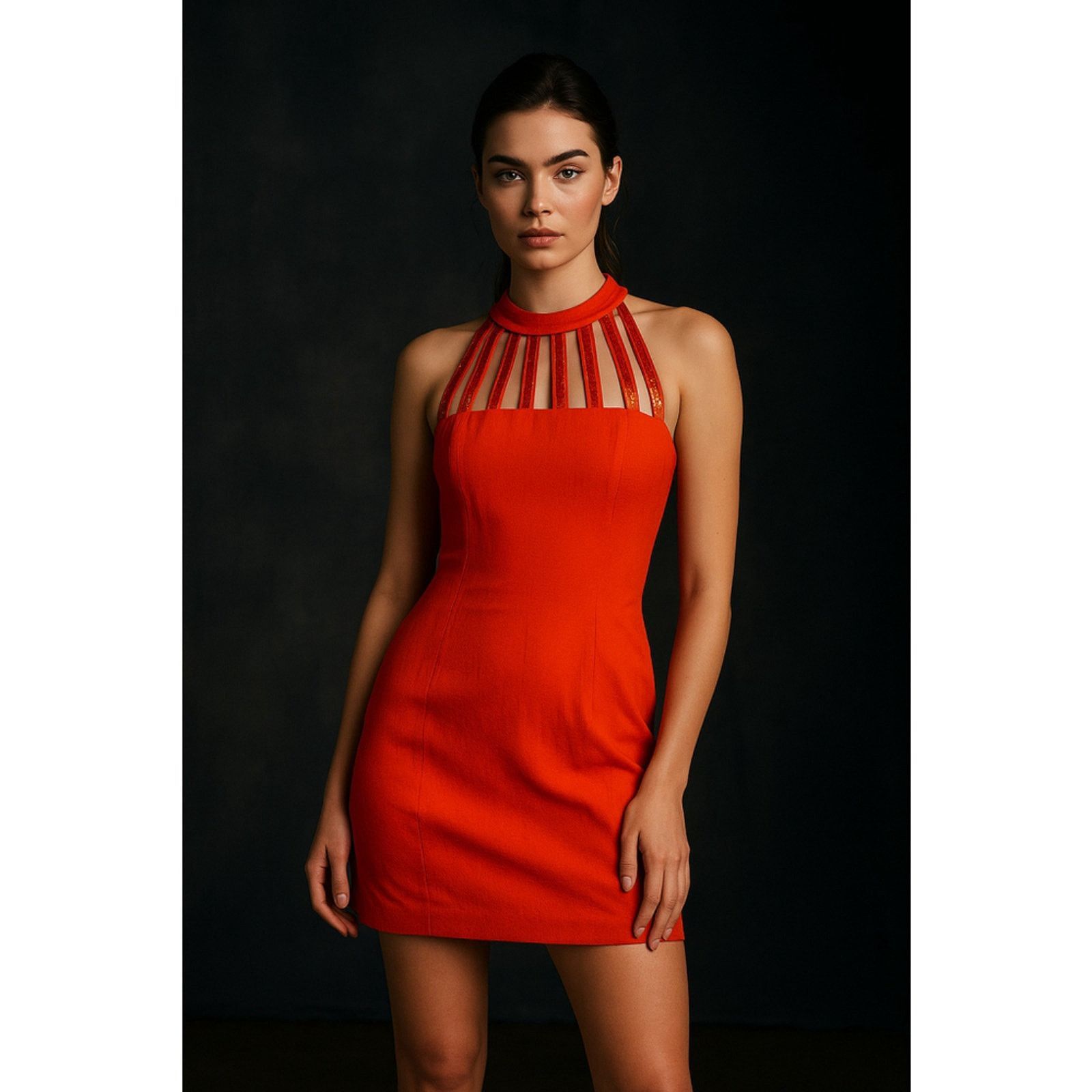 open lace back dress Halter Orange Sequin Applique A-Line Long Prom Dress – FancyVestido main image 1