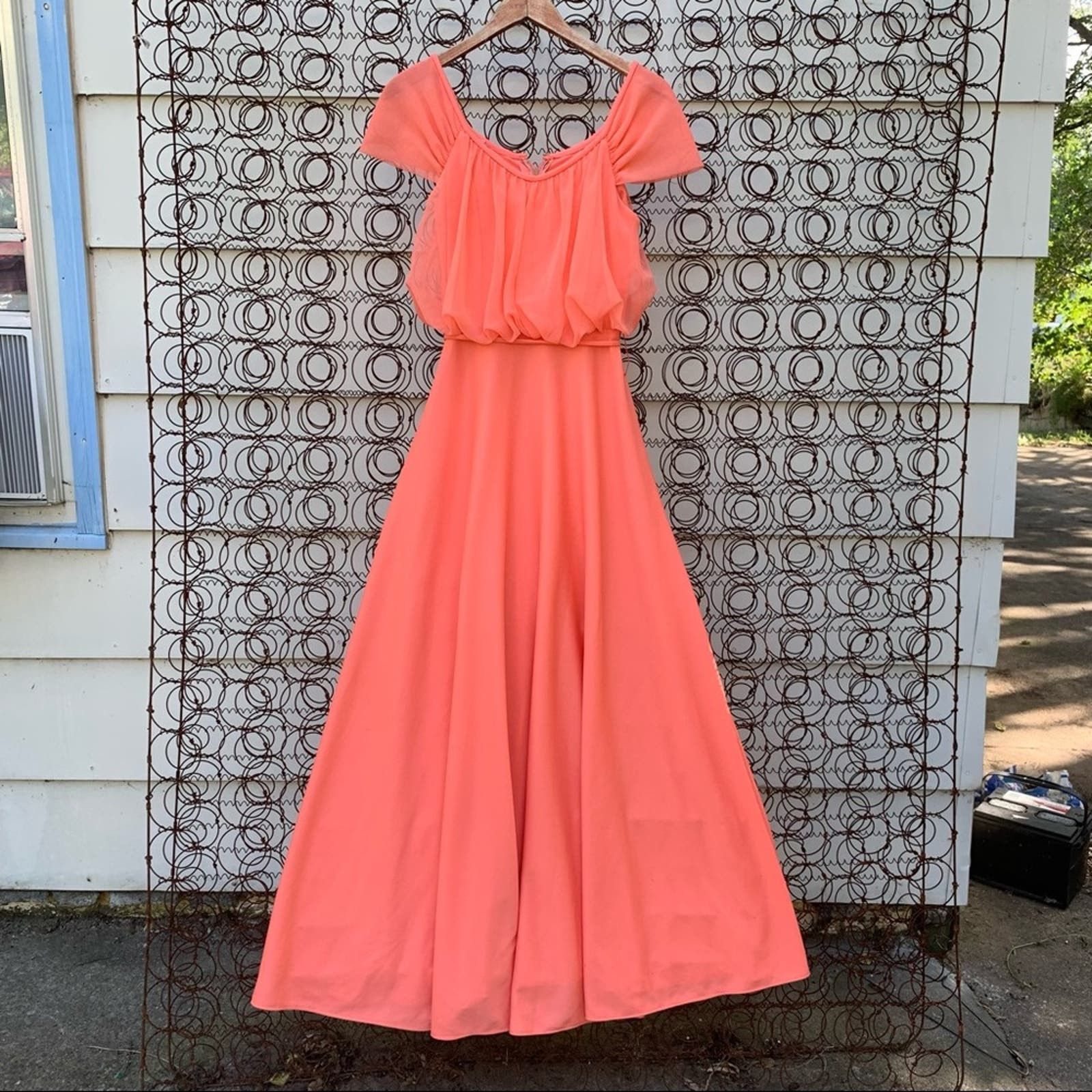 image of Vintage 70's Peach Sheer A Line Blouson Bust Maxi Dress in Orange, Women's (Size Small)