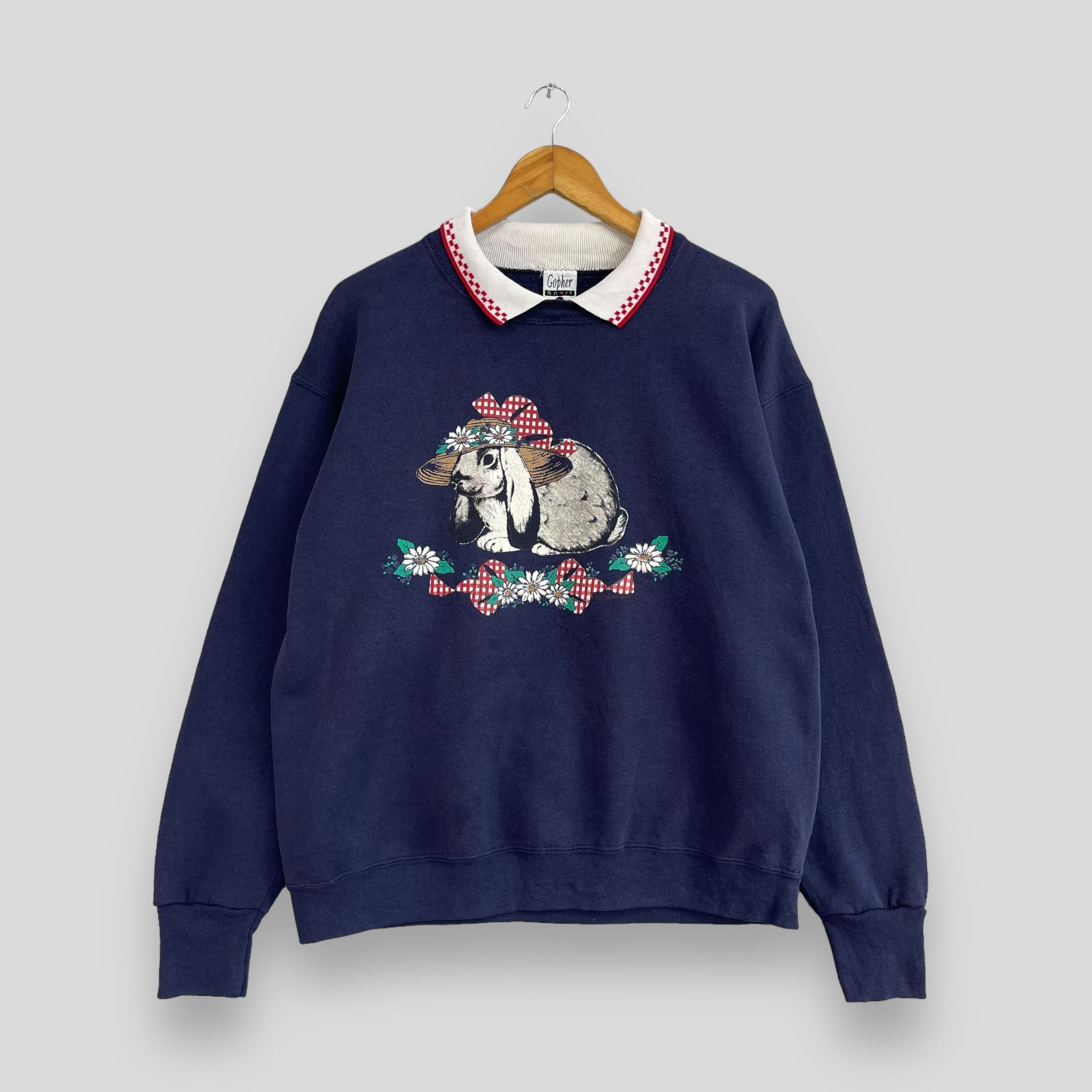 Vintage RABBIT Cute Bunny Animal Printed Collared Sweatshirt
