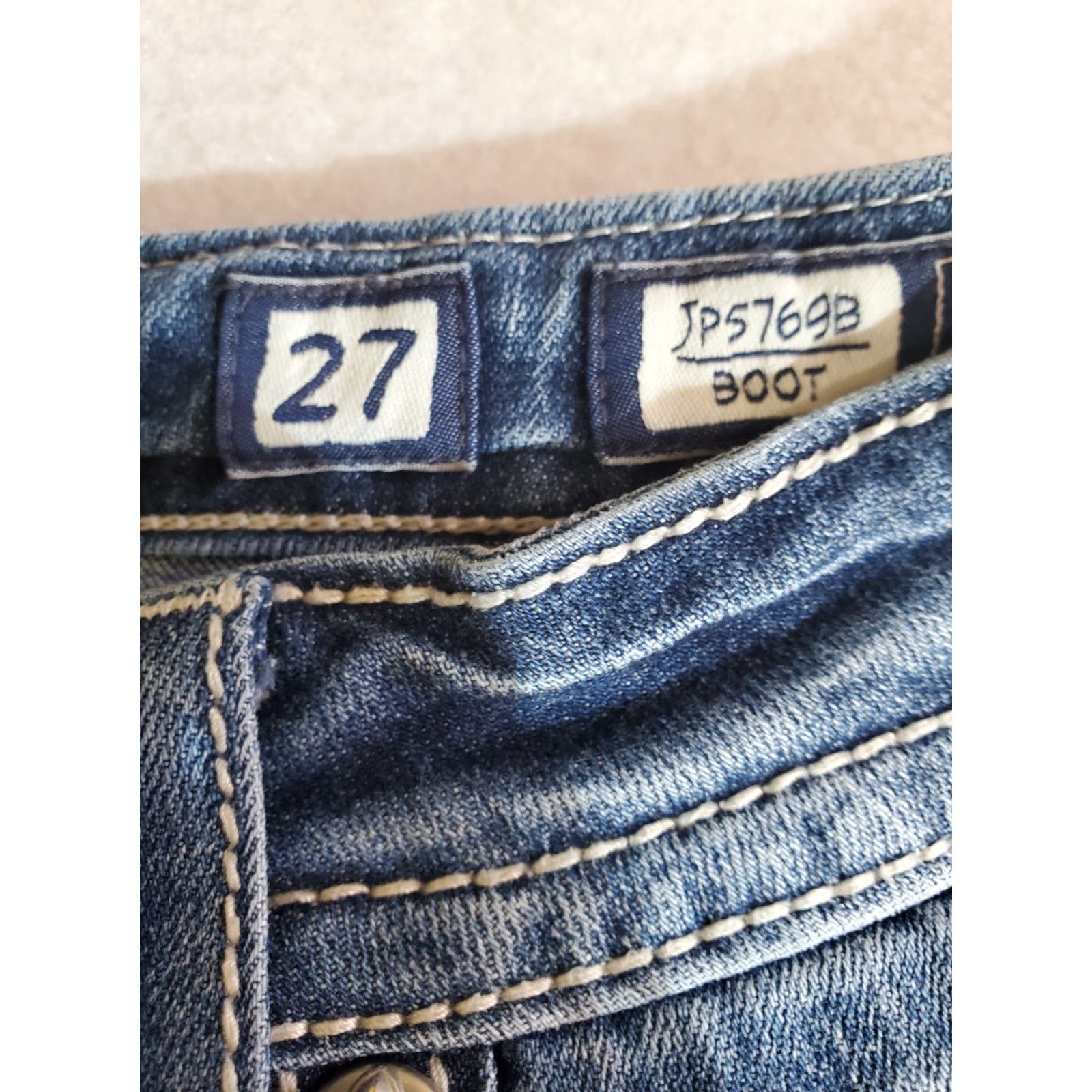 Miss Me VINTAGE: MISS ME Jeans 27/34 Bootcut Blue Leather Embroidered Rhinestone Studded Distressed Pockets 32in Inseam Womens Jeans Mens? Size 27" / US 4 / IT 40 - 4 Thumbnail