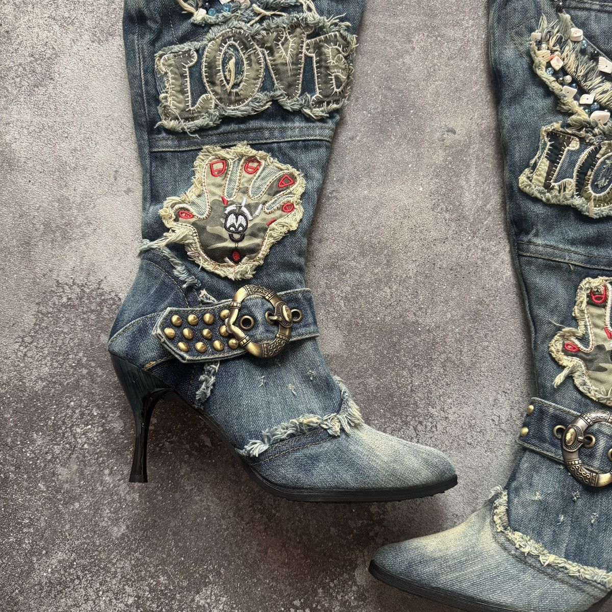 20471120 Vintage Distressed Patchwork Y2K Knee-High Jeans Boots Size US 7 / IT 37 - 6 Thumbnail