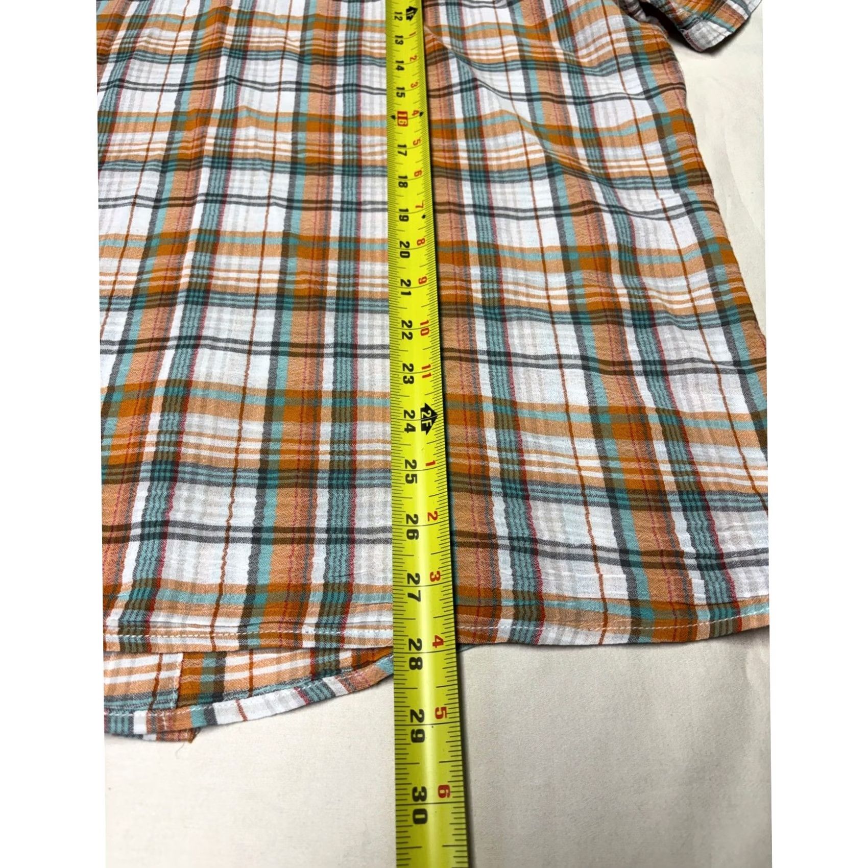 Altea Kuhl Mens Large Orange Teal Plaid Organic Cotton Short Sleeve Button Down Shirt Size US L / EU 52-54 / 3 - 6 Thumbnail