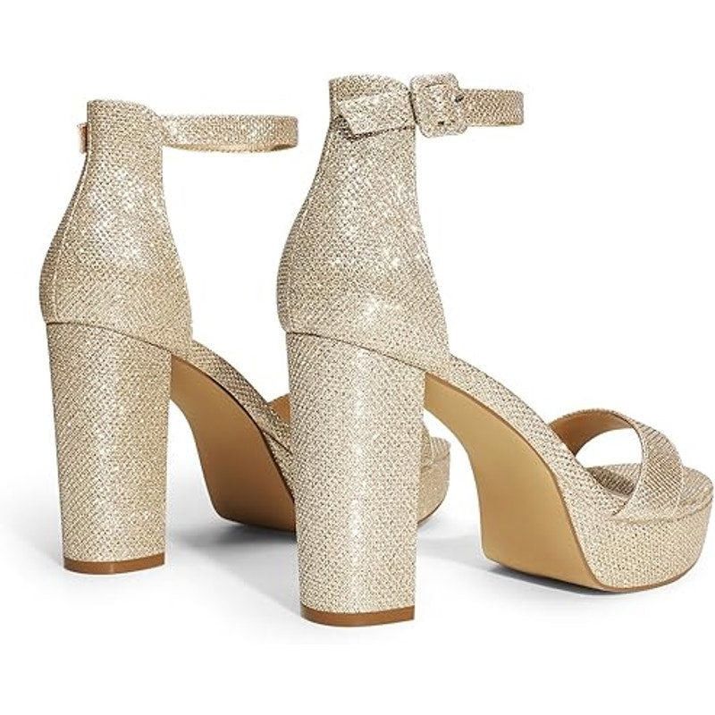 Other New Dream Pair 7.5 Gold Glitter Block Heel Ankle Strap Shoes Size US 7.5 / IT 37.5 - 4 Thumbnail