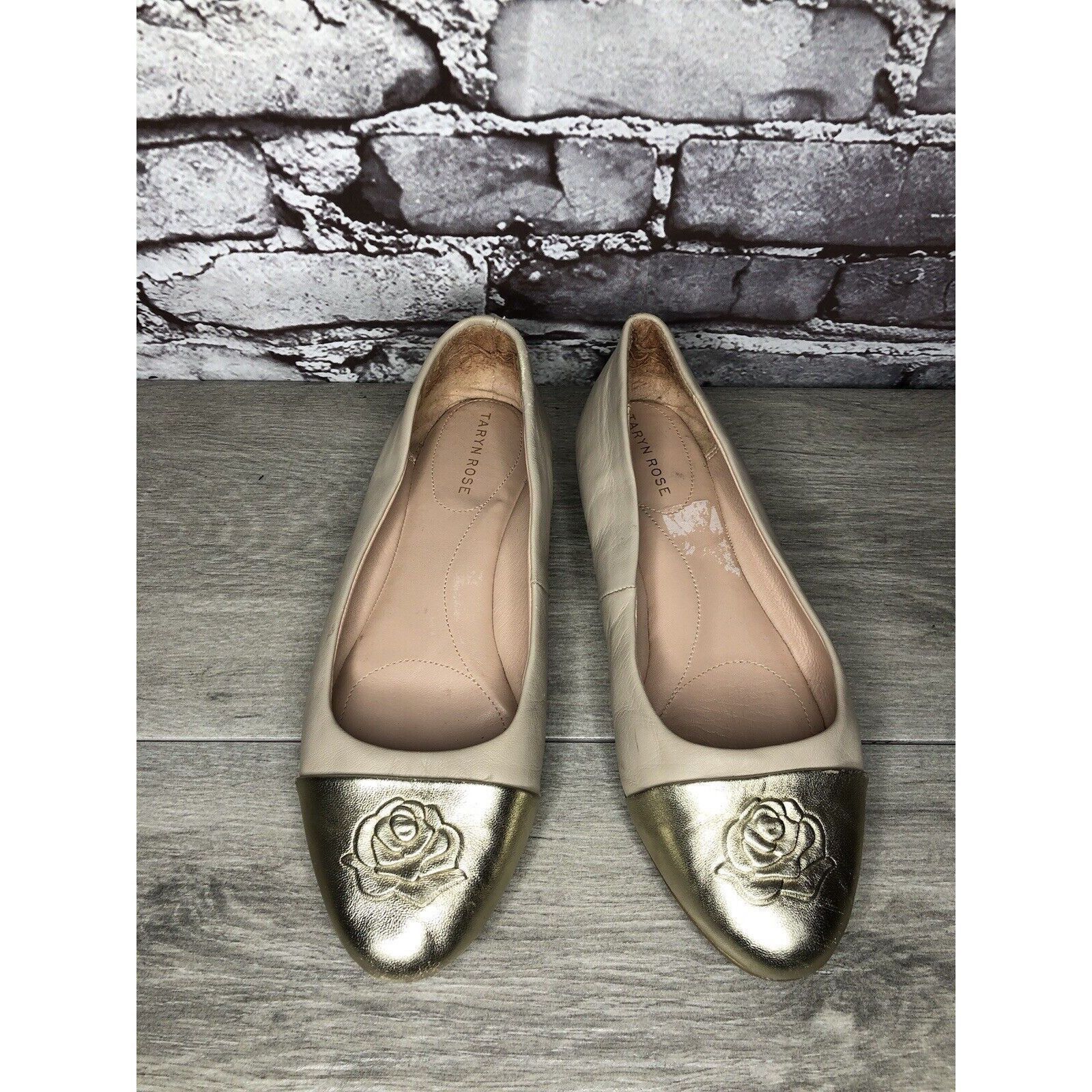 Other Taryn Rose Nude Pink Leather Gold Cap Toe Ballet Flats Women Size US 8.5 / IT 38.5 - 2 Thumbnail