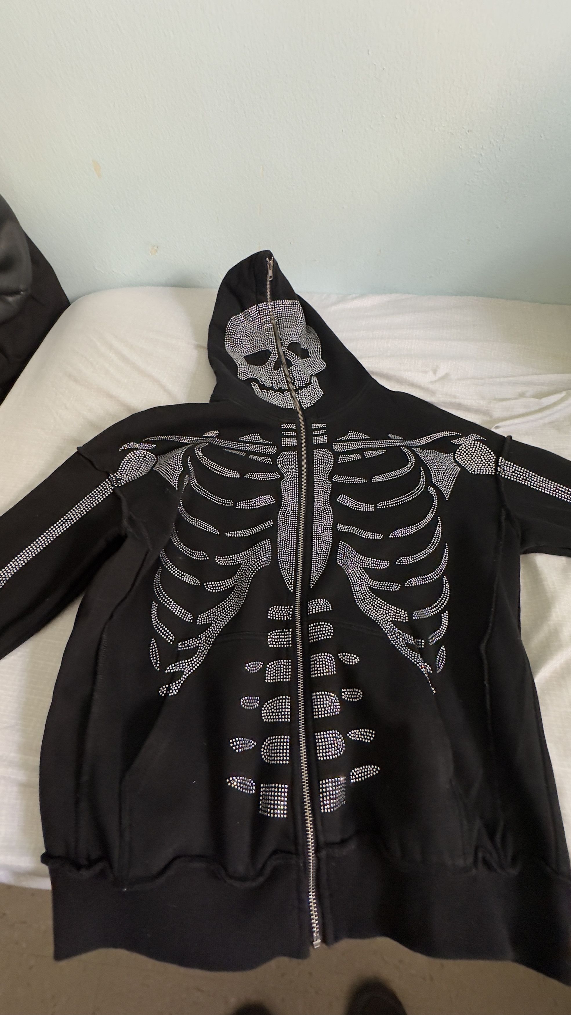 image of Kl OG Skeleton Rhinestone Full Zip Hoodie in Black, Men's (Size Medium)