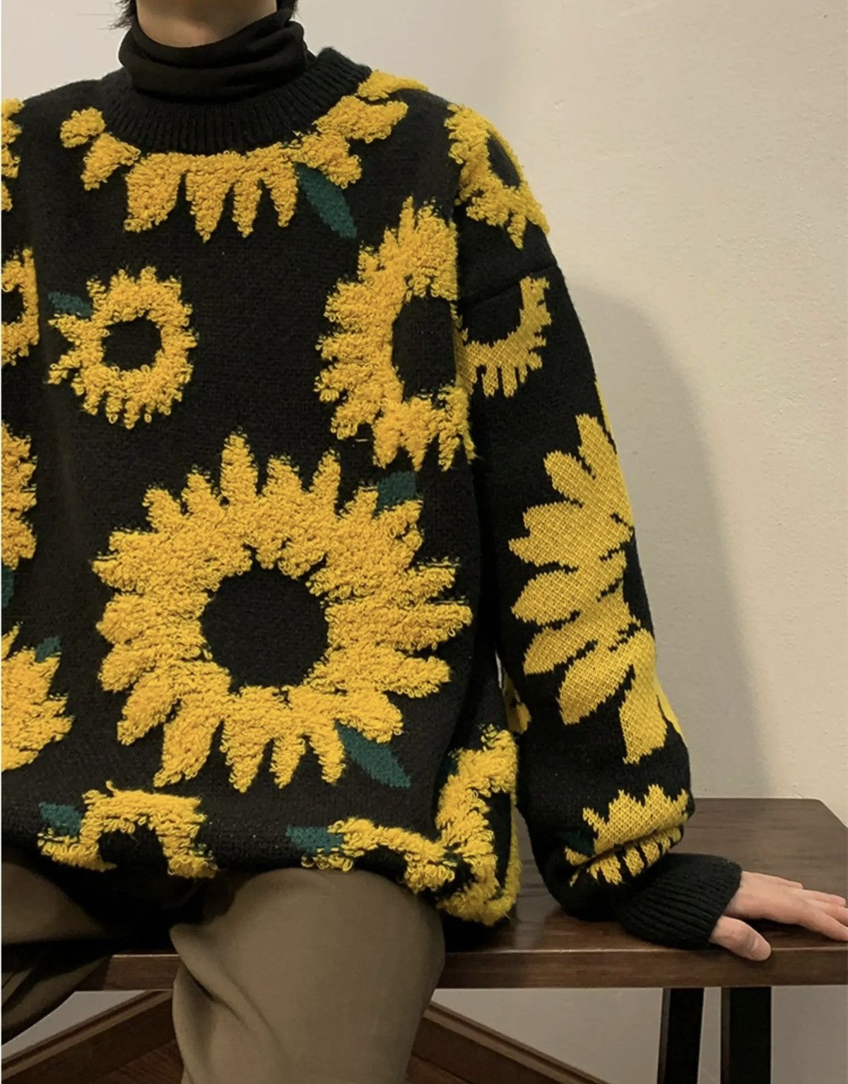 Vintage Sunflower Knitted Sweater Pullover Size US L / EU 52-54 / 3 - 3 Thumbnail