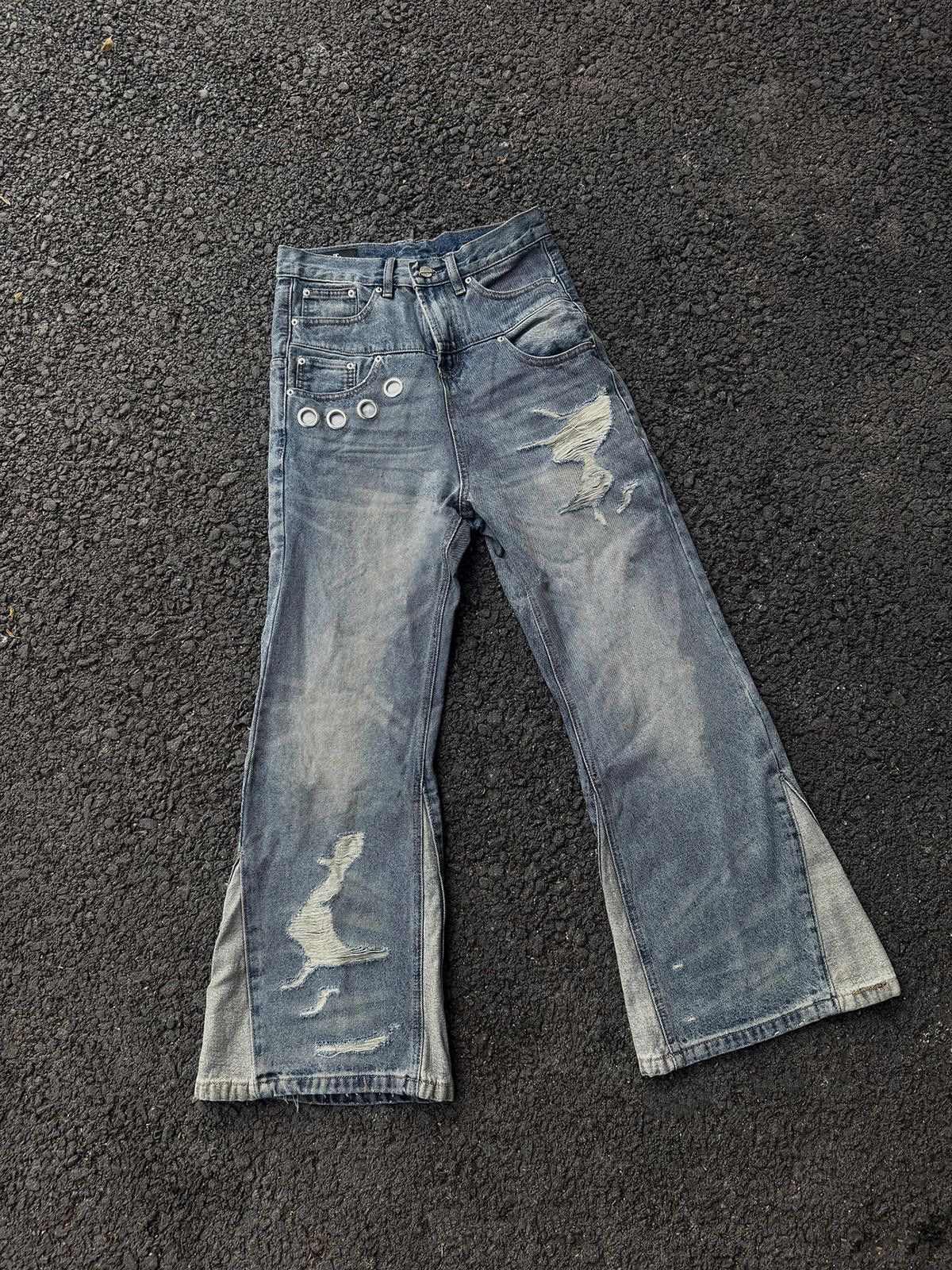 Distressed Wide Leg Flare Jeans With Button Accents