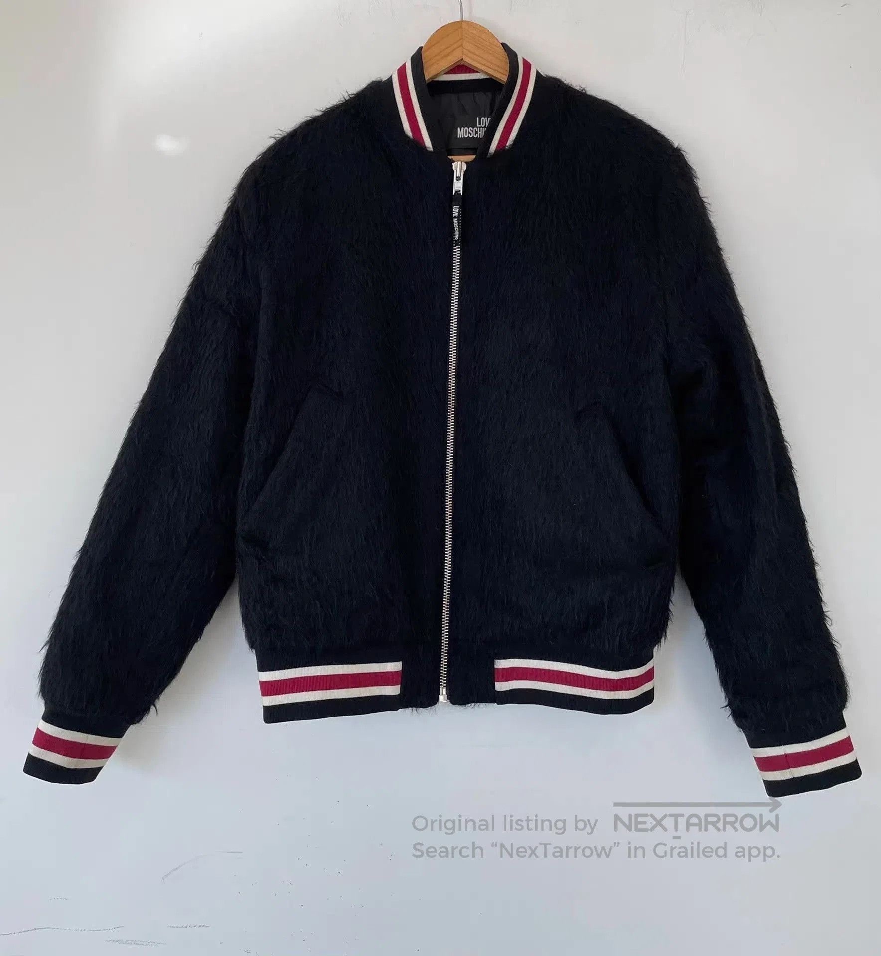 Moschino Black Fuzzy er Jacket with Striped Trim. Size US M / EU 48-50 / 2 - 1 Thumbnail