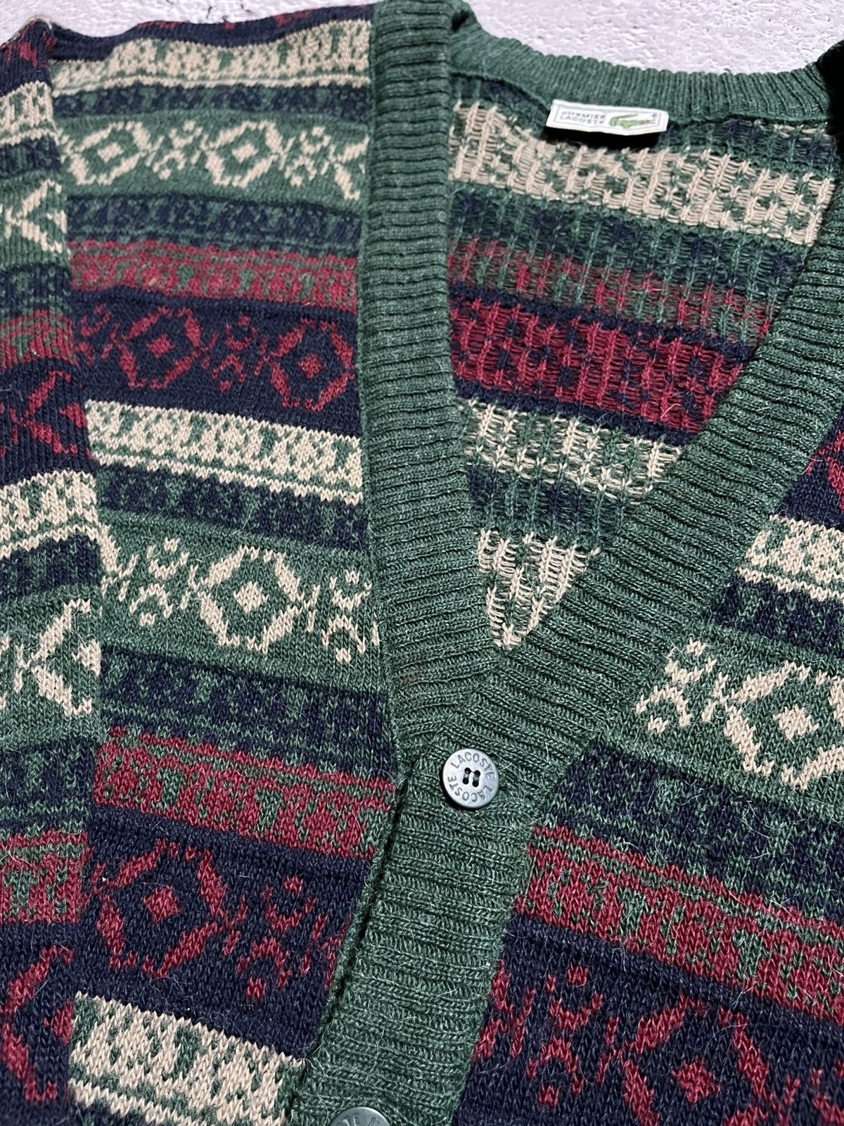 Lacoste × Vintage Vtg Lacoste Fair Isle Knit Cardigan Green Red Alpaca Wool Size US L / EU 52-54 / 3 - 6 Thumbnail