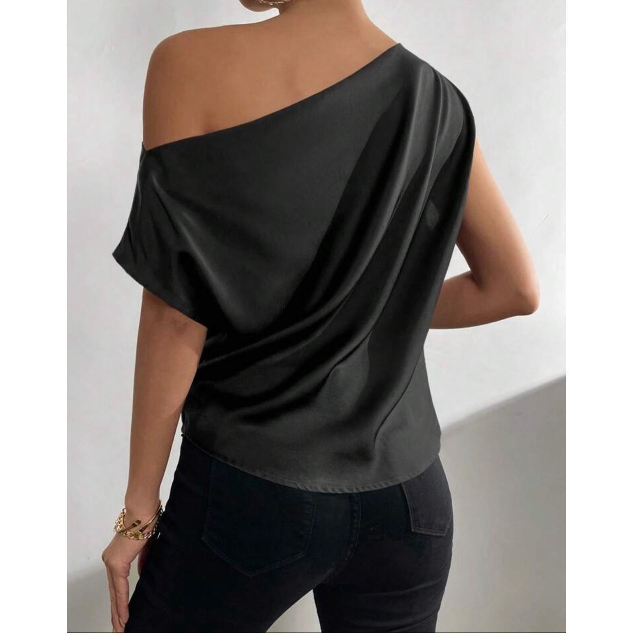Shein SHEIN satin Solid Asymmetrical Neck Batwing Sleeve Satin Blo Size L / US 10 / IT 46 - 2 Thumbnail