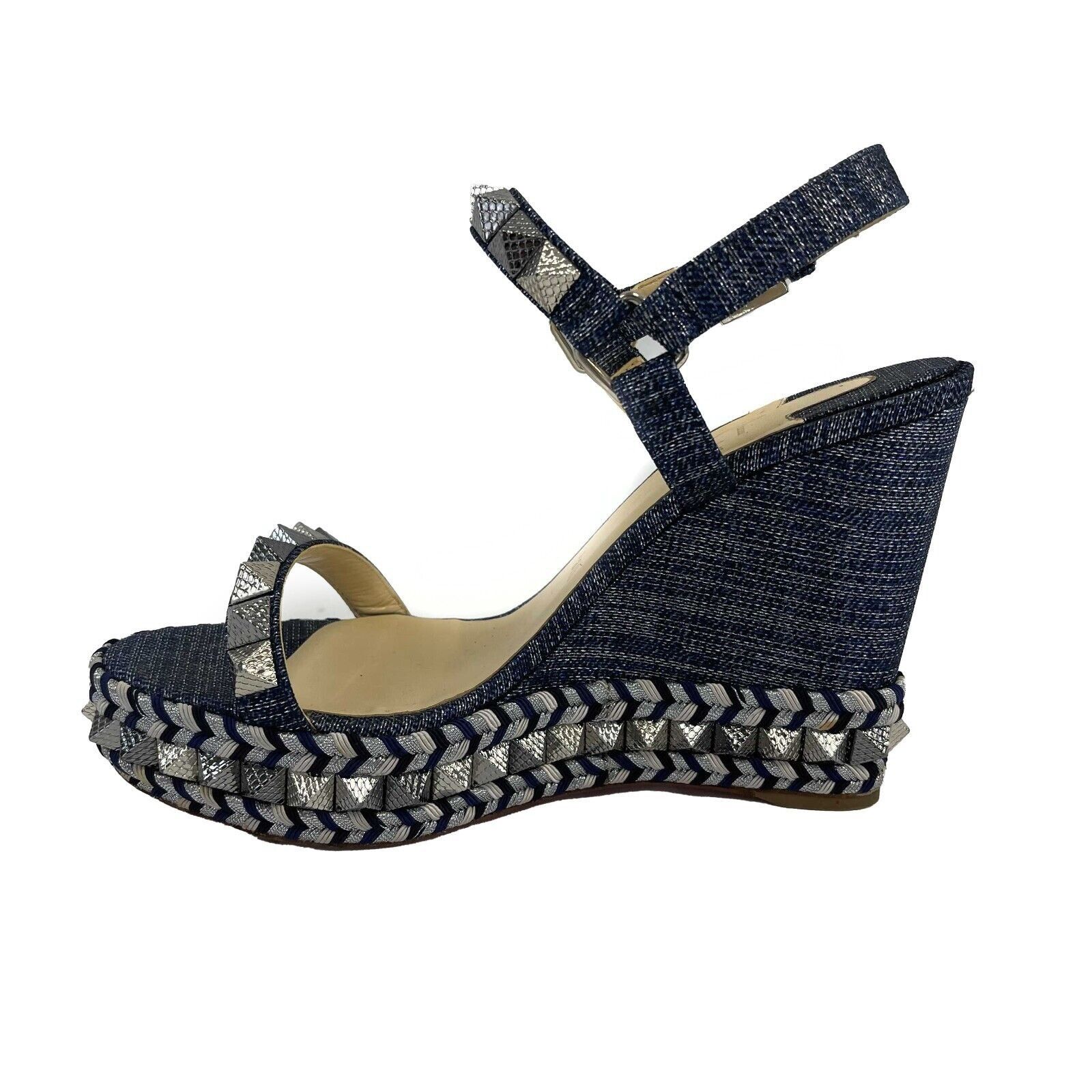 image of Christian Louboutin - Pyraclou Spike Denim Wedge Sandals - 3 in Blue, Women's (Size 9)