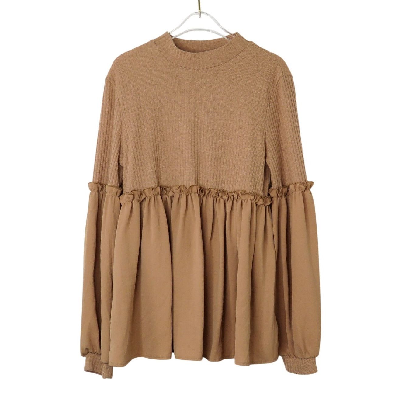 Shein Shein Tan Mock Neck Frill Trim Peplum Blouse Medium Size M / US 6-8 / IT 42-44 - 1 Thumbnail