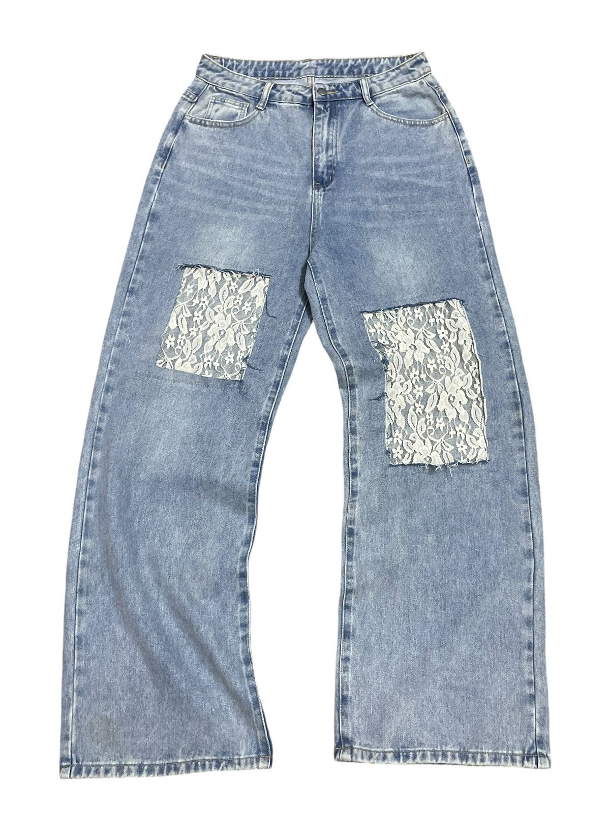 Japanese Brand Vintage Japanese Denim Lace Patchwork Baggy Wide Leg Jeans Size 31" - 9 Thumbnail