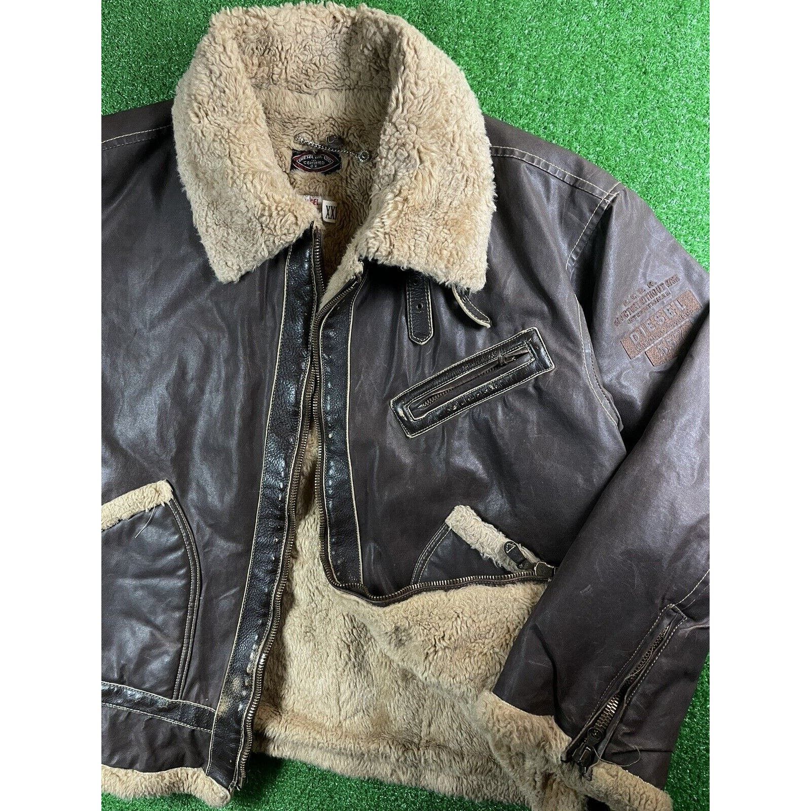 image of Vintage Diesel Waxed Cotton Brown Shearling Jacket Italy, Men's (Size 2XL)