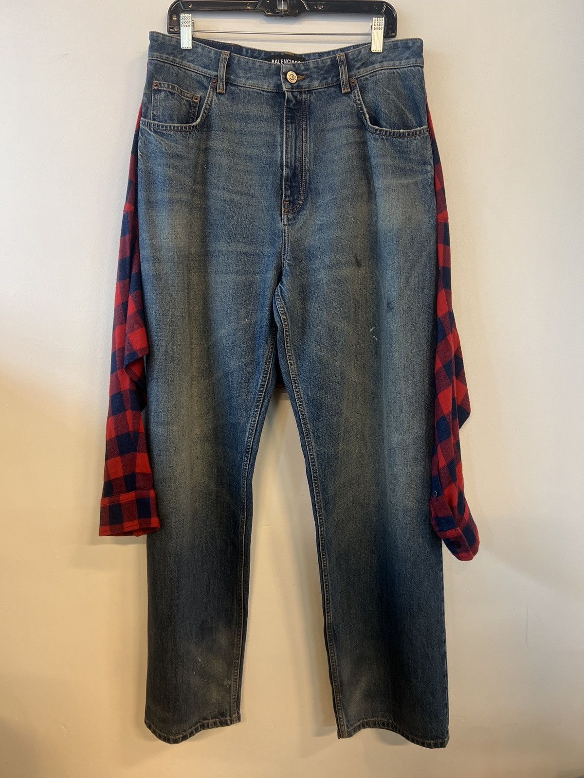 image of Balenciaga Flannel Denim in Blue/Red, Men's (Size 34)