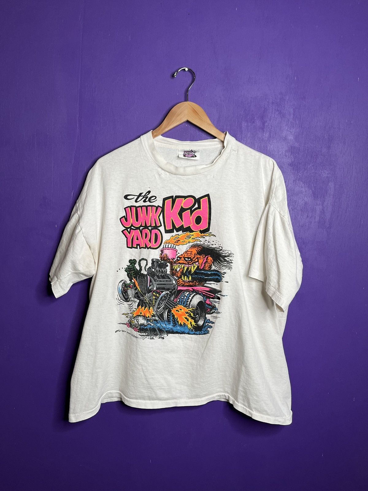 image of Vintage 1990 Rat Fink The Junk Yard Kid Art T-Shirt in White (Size XL)
