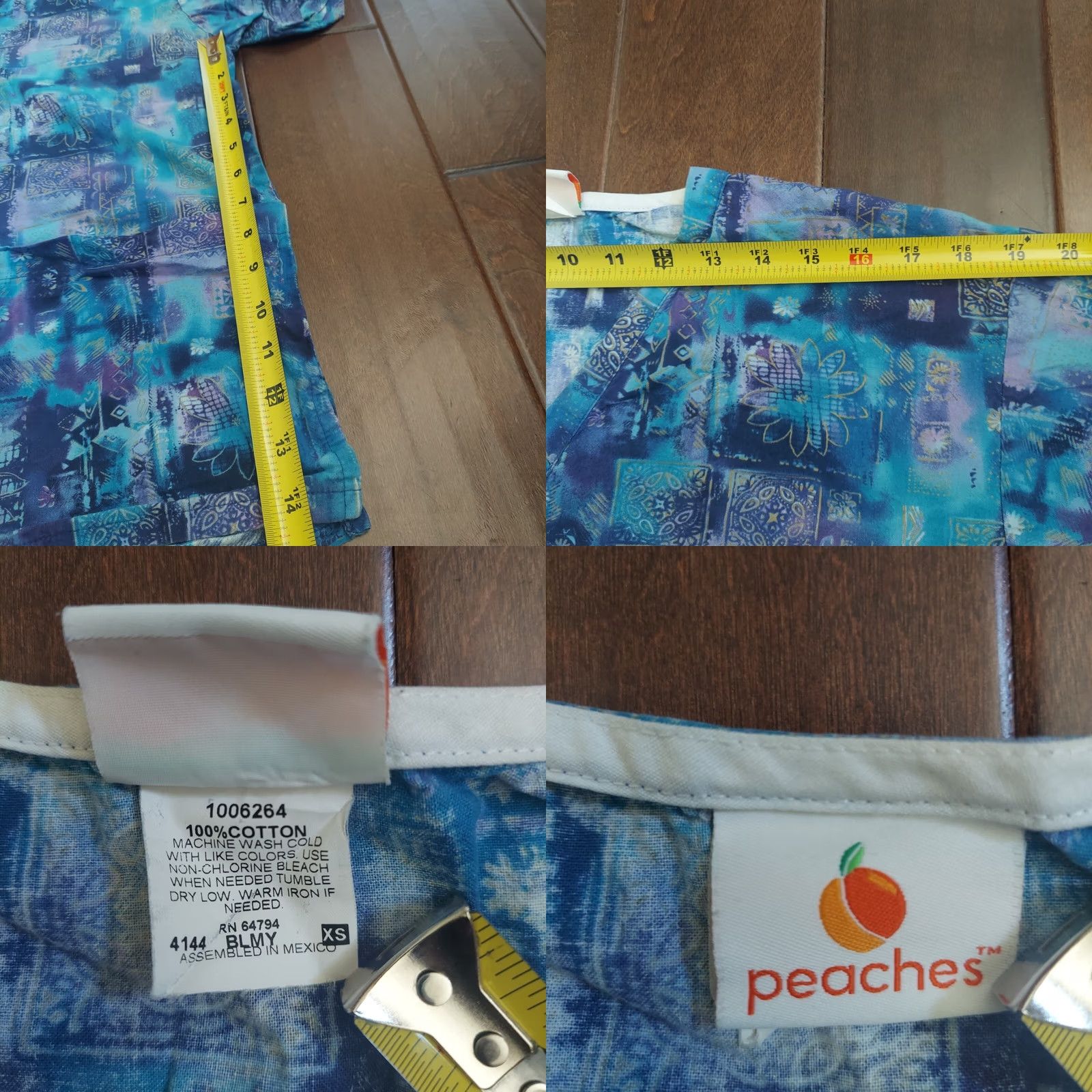 Vintage Peaches Women's Scrub Top Floral Print Blue with Pockets XS - Cotton - Medical - Mexico - B685 Size XS / US 0-2 / IT 36-38 - 9 Thumbnail