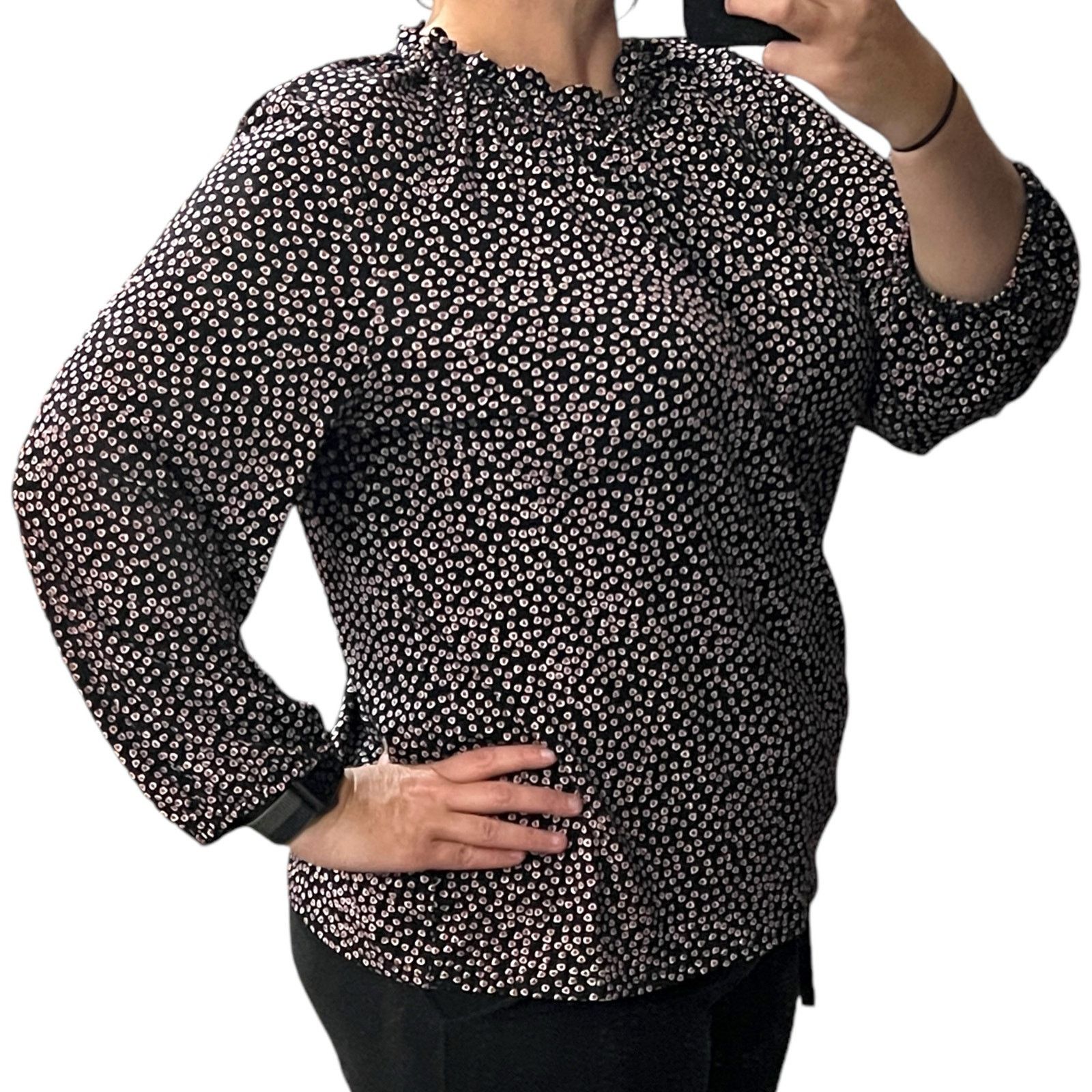 Adrianna Papell Moss Crepe Ruffle Neck 3/4 Sleeve Heart Patterned Top Size XL / US 12-14 / IT 48-50 - 4 Thumbnail