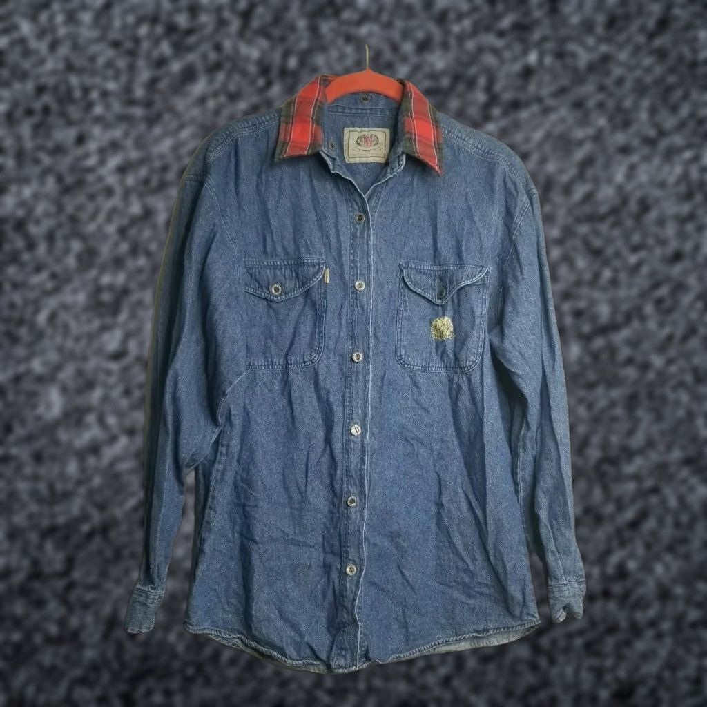 Bugle Boy VINTAGE Bugle Boy Women's Denim Plaid Button-Down Shirt L 90s Cowgirl Western Blue Ladies Top Size L / US 10 / IT 46 - 1 Thumbnail