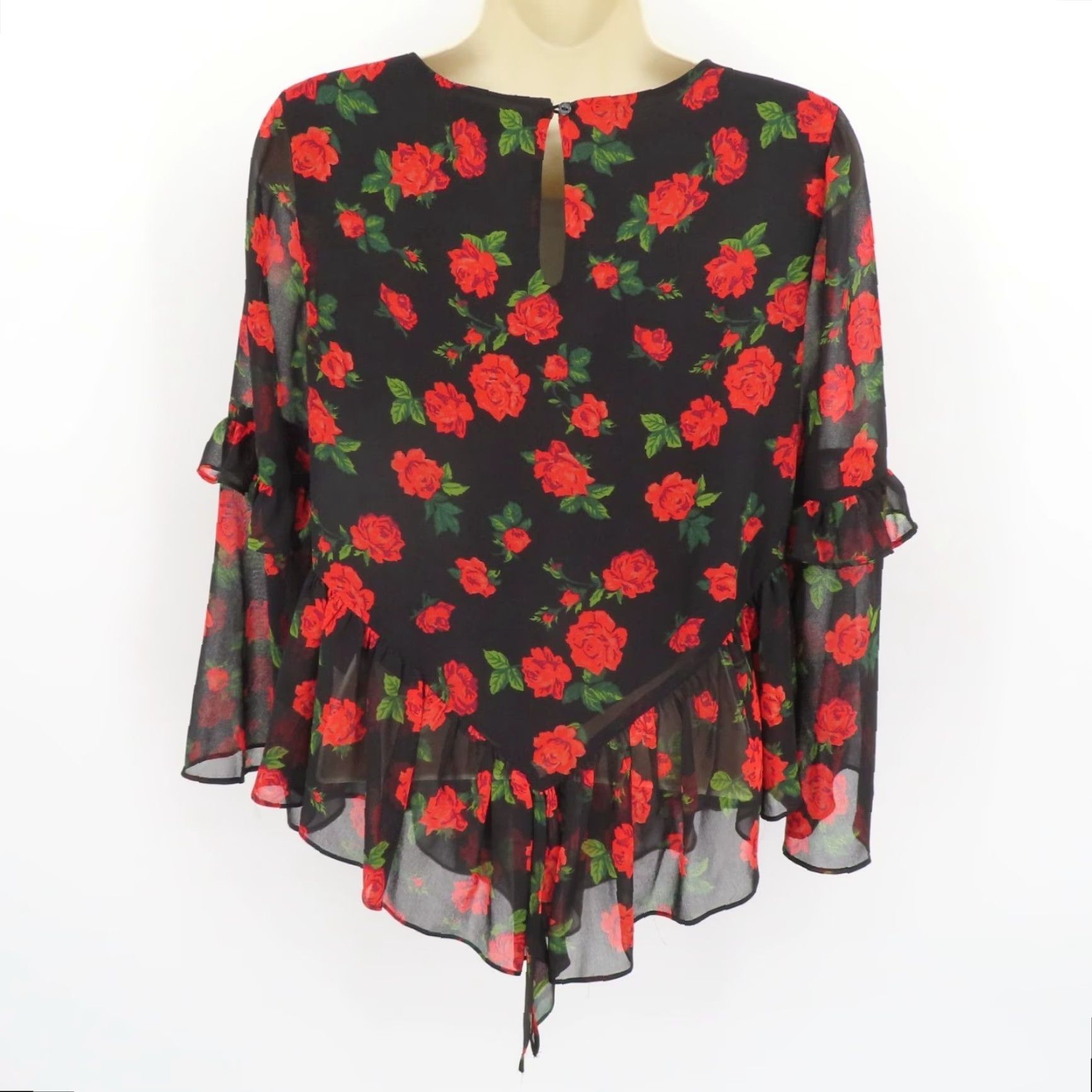 Vintage K/Lab Women Small Red Rose Flower Sheer Ruffle Long Sleeve Shirt Top Blouse Size S / US 4 / IT 40 - 5 Thumbnail