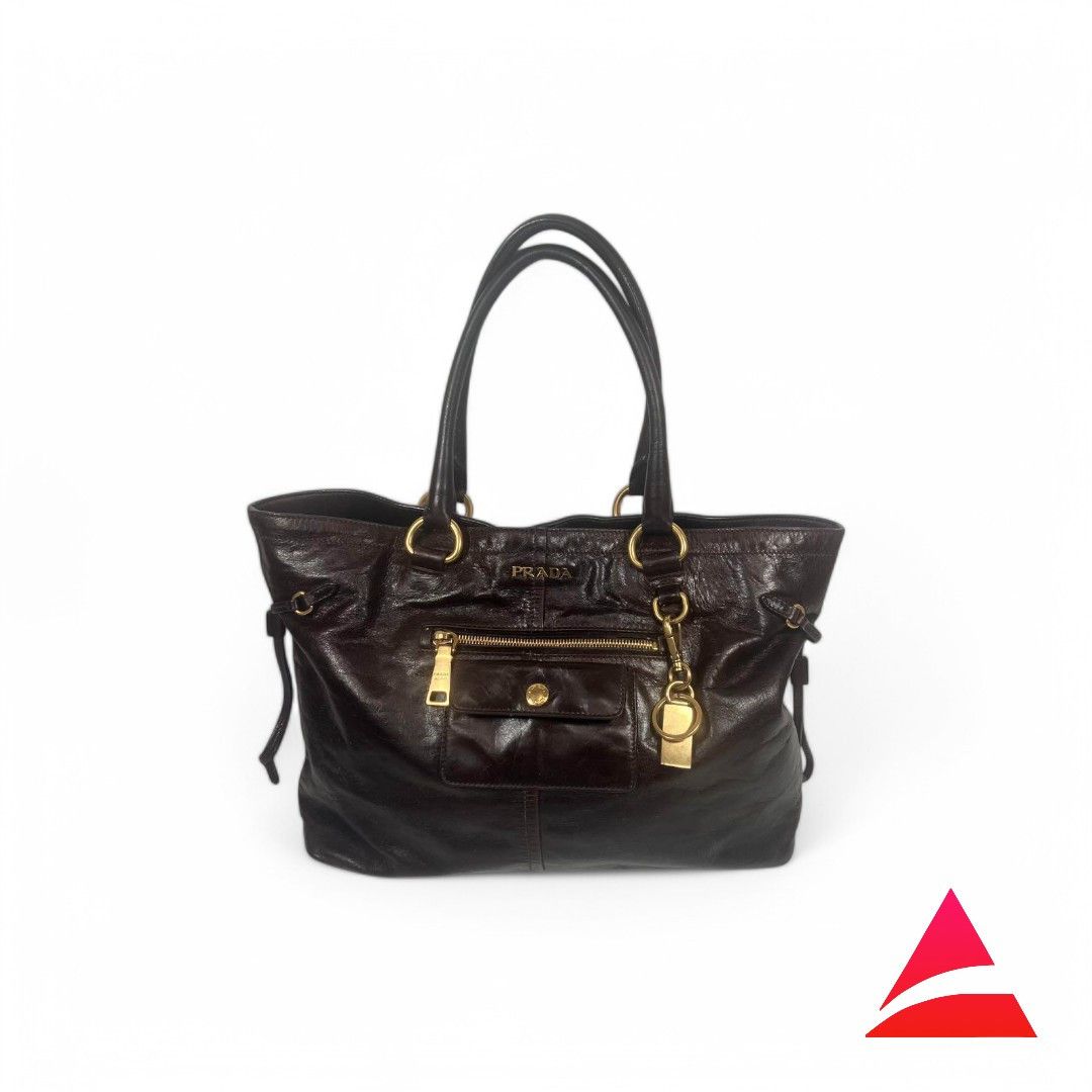 Prada Prada - Shiny Brown Black Leather Gold Hardware Shoulder Bag Size ONE SIZE - 1 Thumbnail