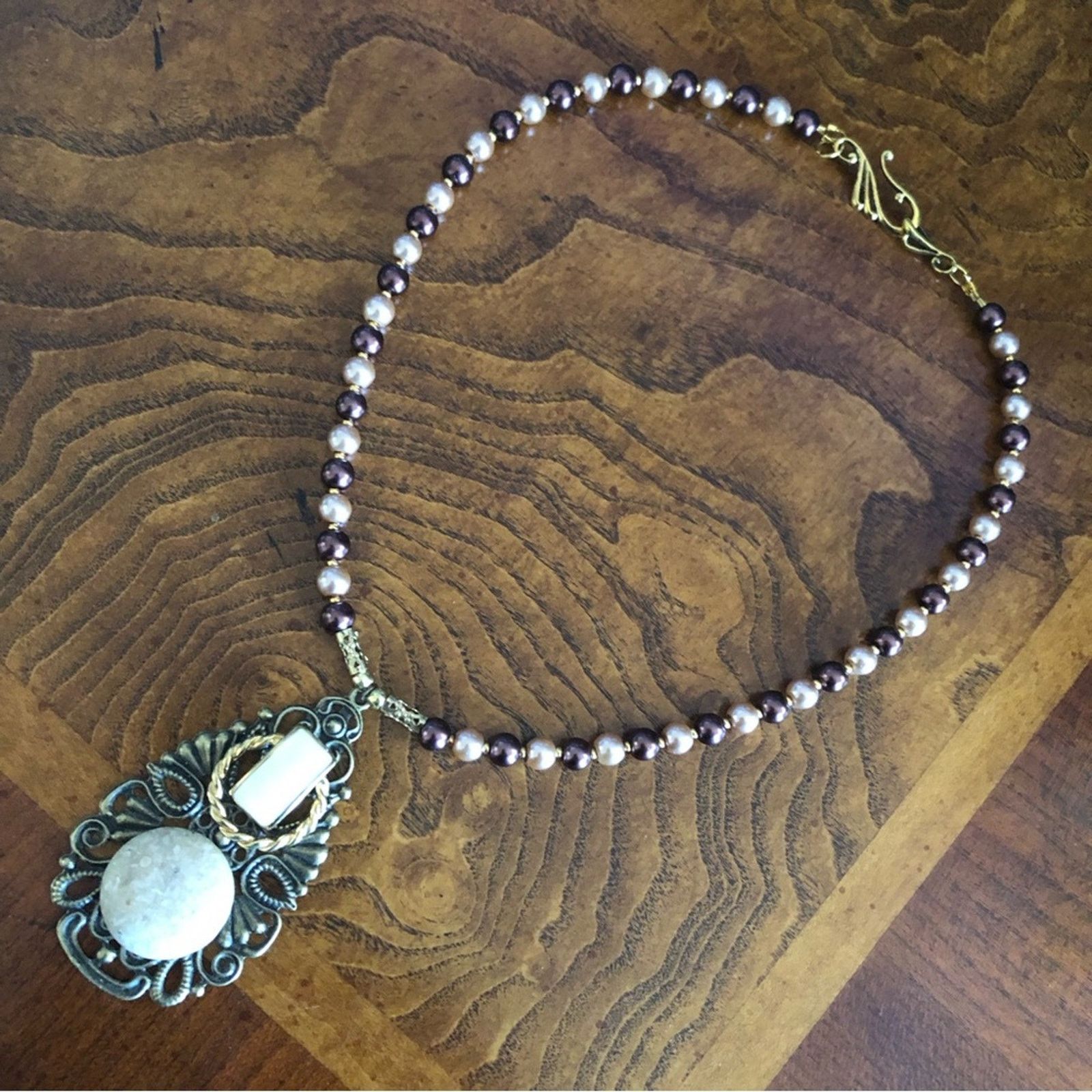Handmade Handcrafted repurpose filigree pendant Czech Pearl necklace Size ONE SIZE - 10 Thumbnail