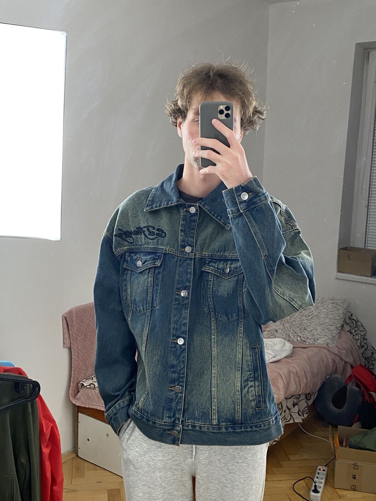 Oversized washed blue denim jacket big logo by Ed Hardy