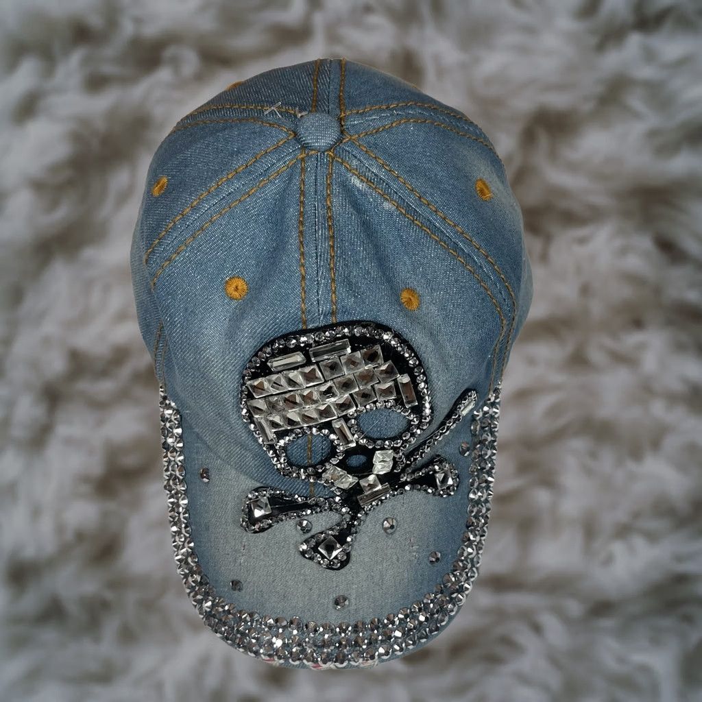 Denime CSI Denim Leather Adjustable StrapBack Hat Cap Woman Rhinestone Skull Blue Shirt? Size ONE SIZE - 1 Thumbnail