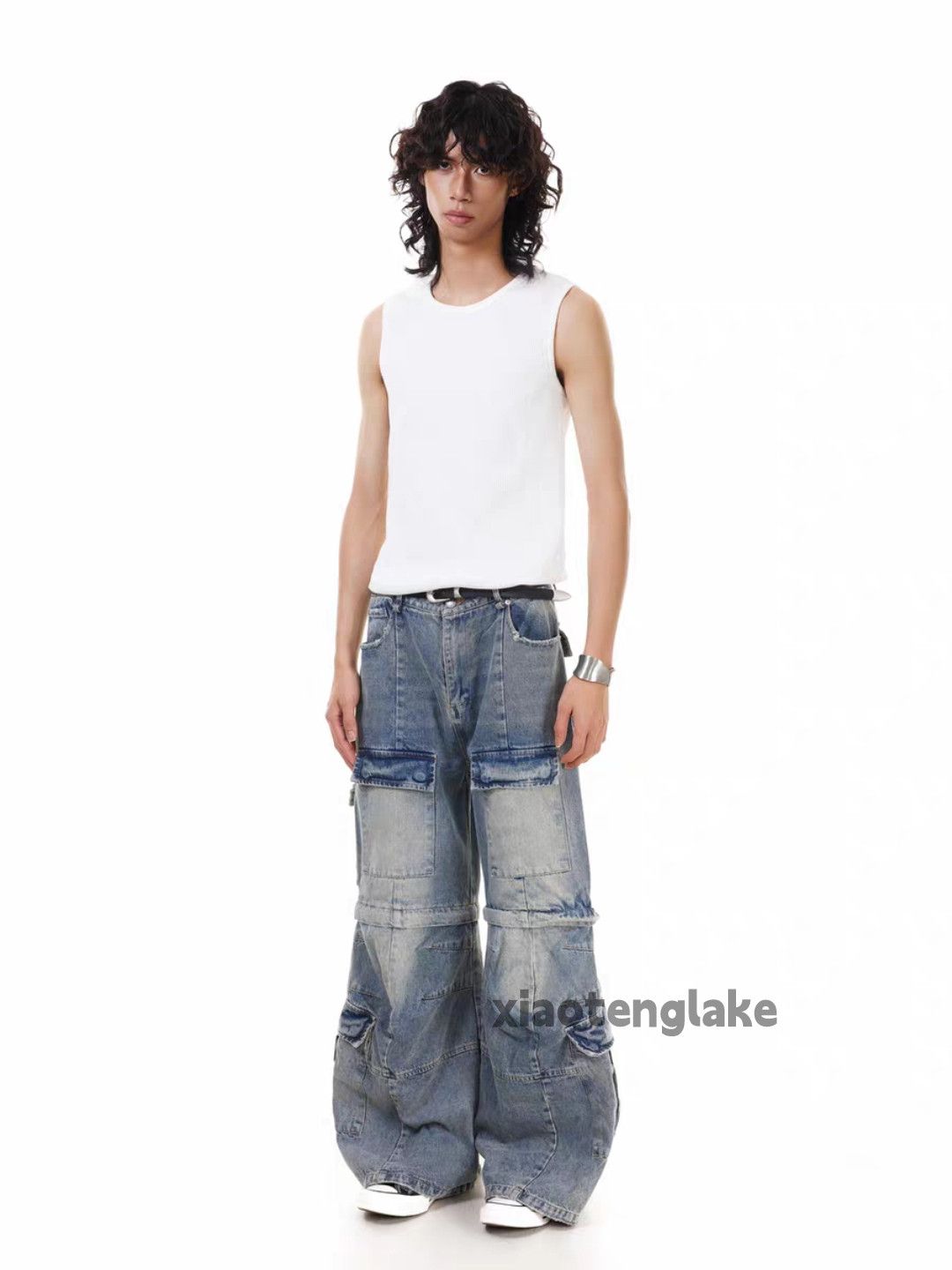 Jean Unisex washed faded loose baggy hiphop bootcut jeans Size US 32 / EU 48 - 1 Thumbnail