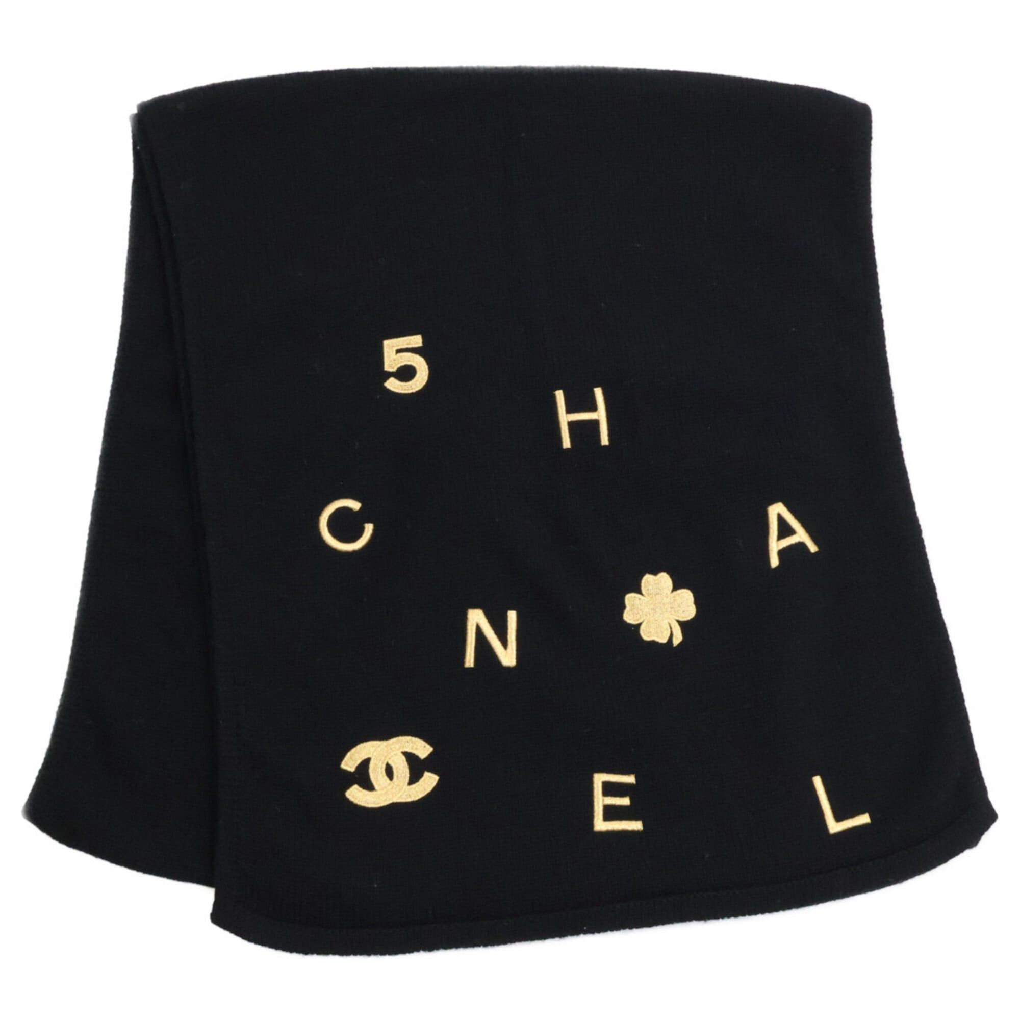 Chanel CHANEL Clover Coco Mark Embroidered Cashmere Scarf, Black, Women's Size ONE SIZE - 1 Thumbnail