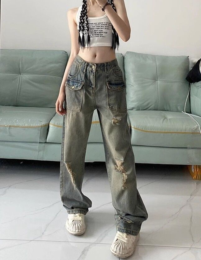 image of Vintage High Street Washed Yellow Mud Ripped Jeans For Women in Cement Yellow (Size 25)