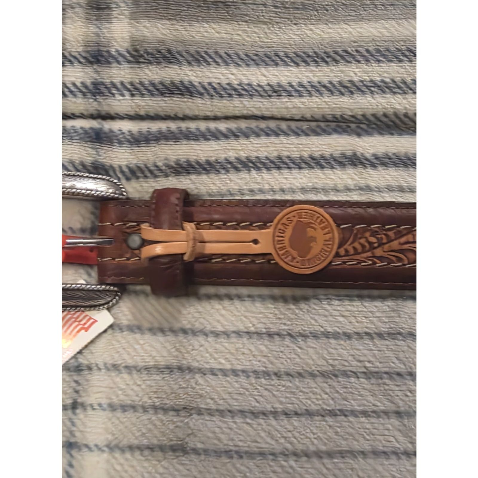 Vintage Justin Belt Western 36 Brown Leather Buckle NWT Mens Made in USA Floral Pattern Buckle Adjustable Top Grain Bison Sheridan Genuine Leather Size US M / EU 48-50 / 2 - 3 Thumbnail