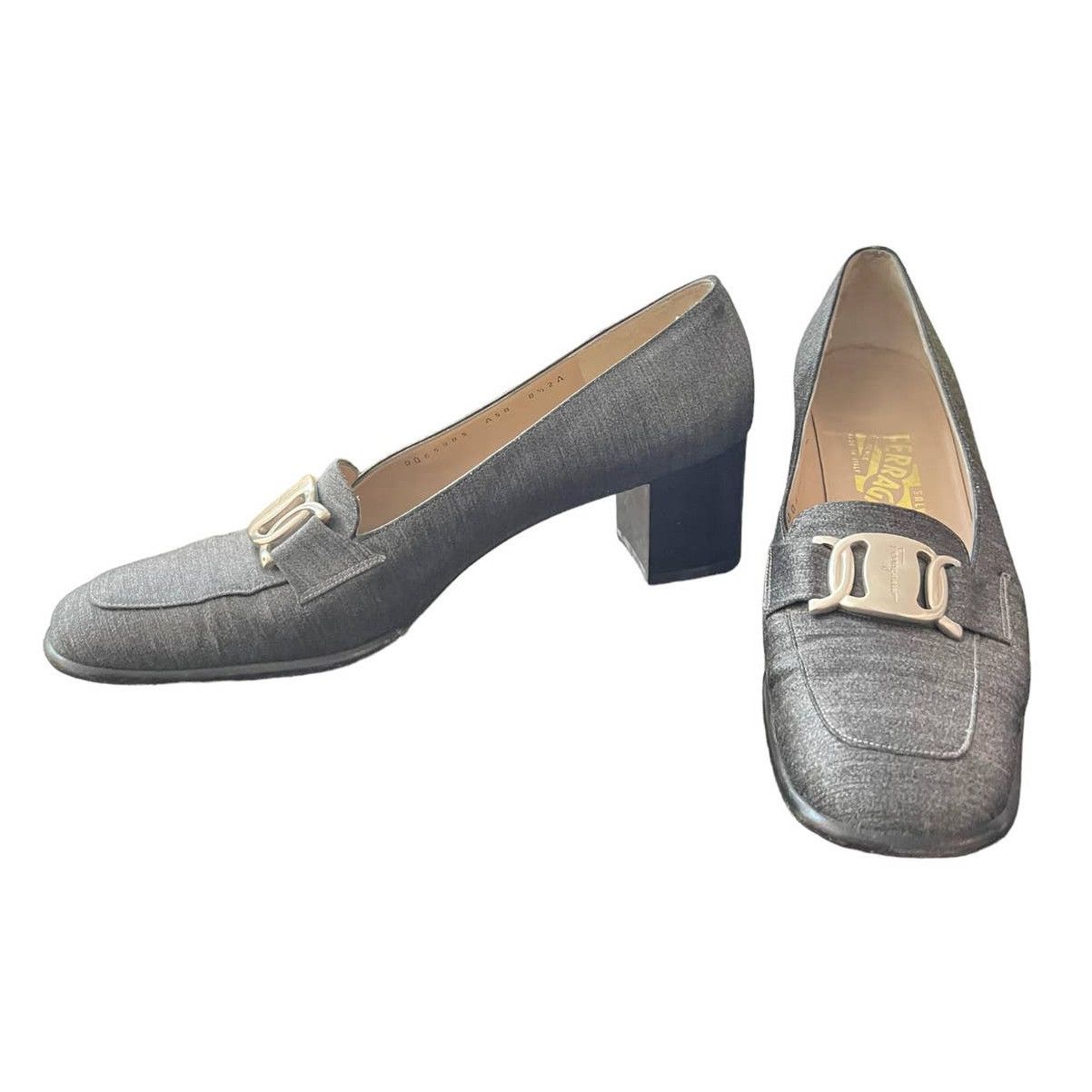 Vintage Vintage Ferragamo Silver Buckle Block Heel Loafer Size 8.5