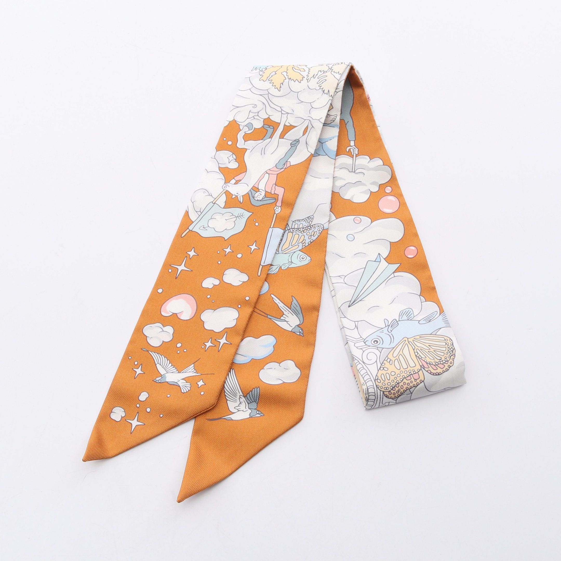 Hermes Twilly Sur Mon Nuage Ribbon Scarf Silk Orange Brown Multicolor