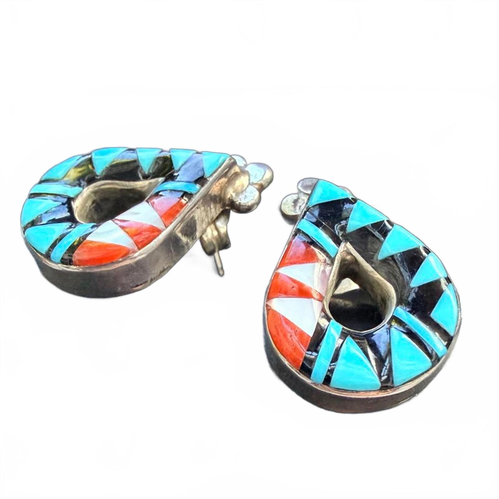 Vintage VTG LAAHTY Zuni Handmade Turquoise Silver 925 Inlay Earrings Size ONE SIZE - 1 Thumbnail