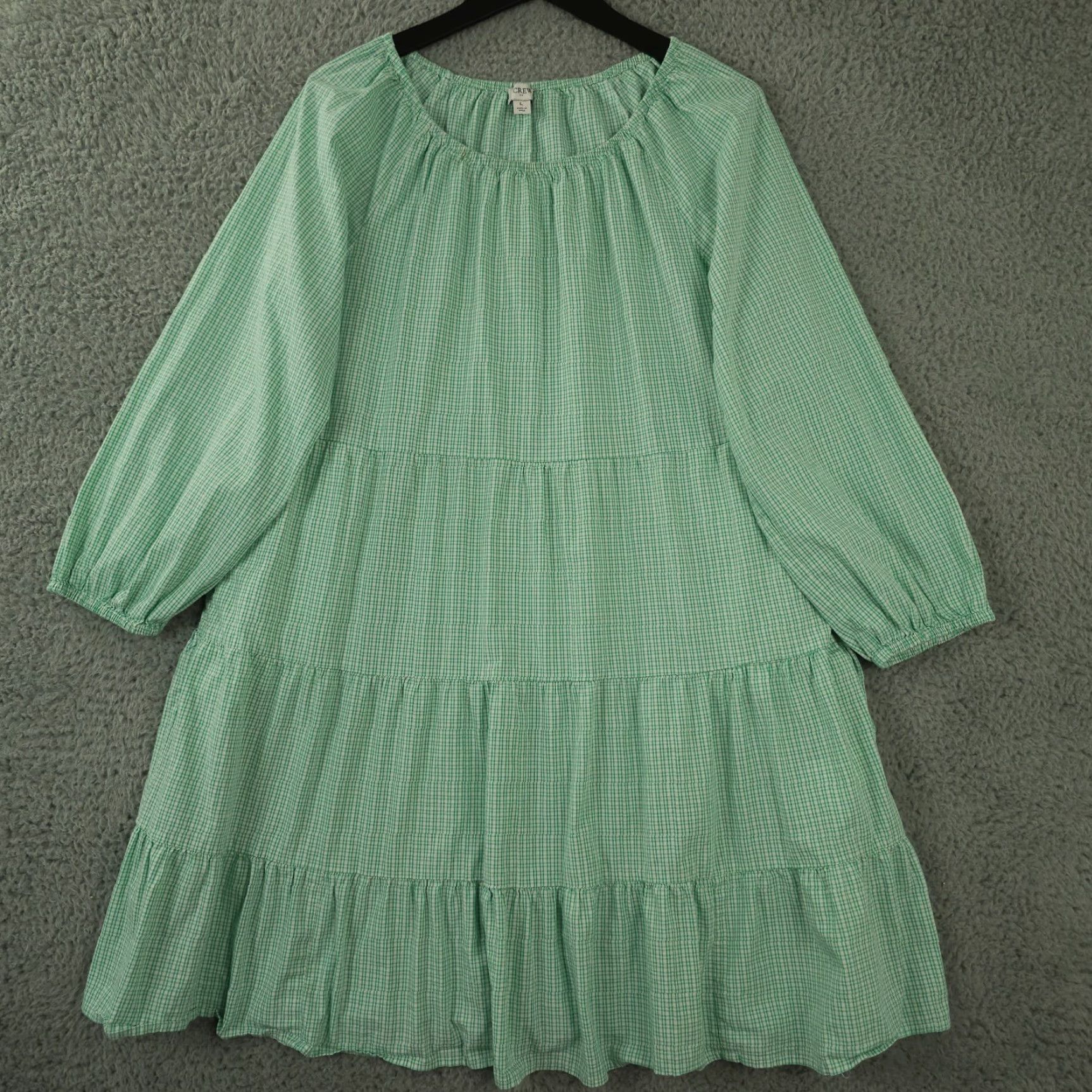 J.Crew J.CREW Dress Womens Large Green Gingham Cotton Blend Poplin Raglan Tiered Mini Dress Size L / US 10 / IT 46 - 2 Thumbnail