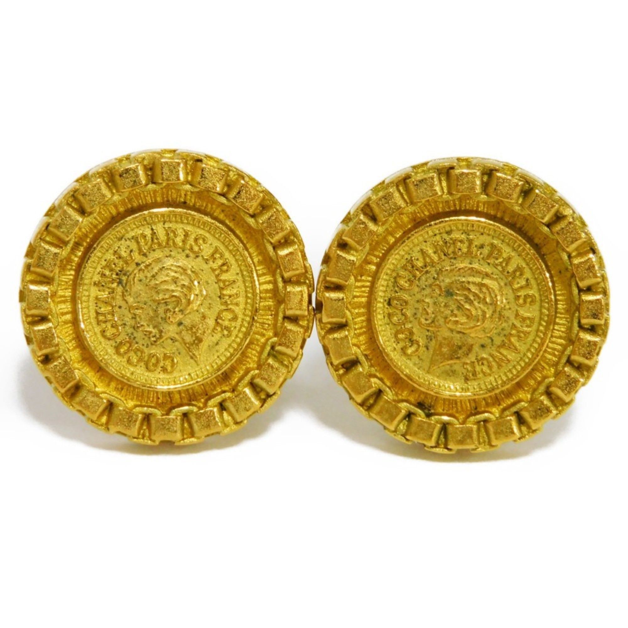 Chanel CHANEL Earrings Mademoiselle Coin Round Circle Coco 95P Vintage Clip  Type COCO Plated Antique Gold Ladies Accessories Jewelry