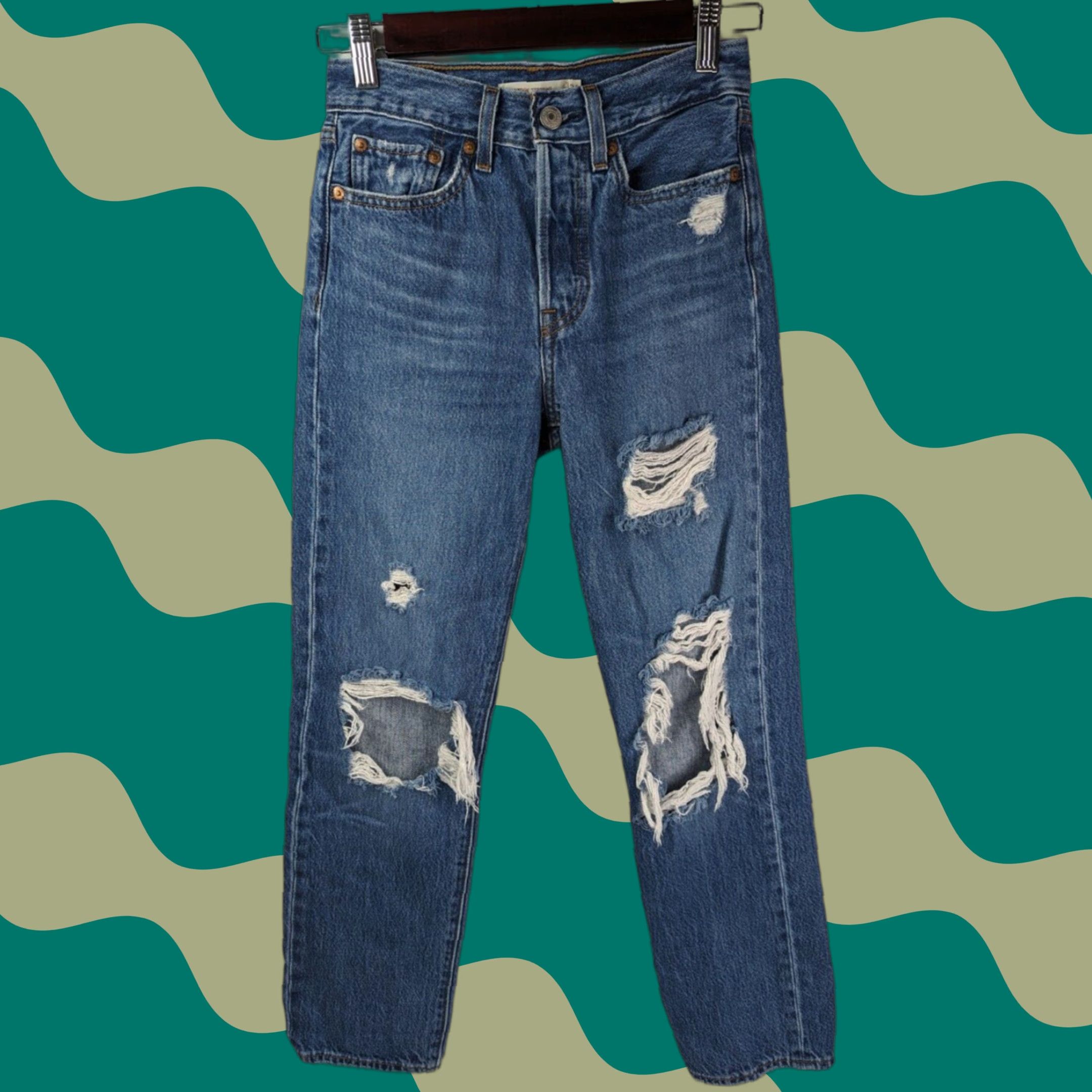 Levi's Levi's Premium Wedgie Straight Women's 24 Blue Denim Jeans Distressed Big E Distressed Size 42" / US 20 - 1 Thumbnail