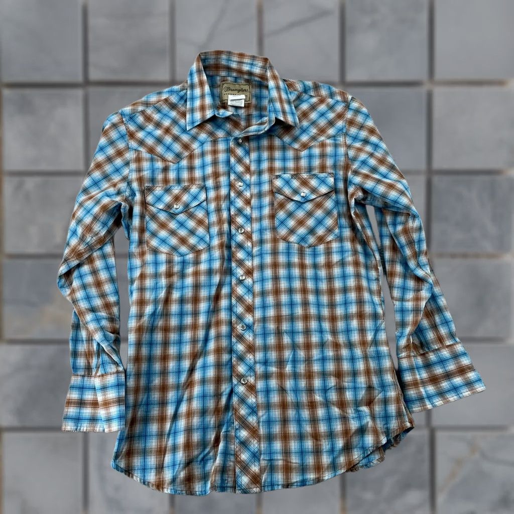 Wrangler Wrangler Shirt Mens M Blue Brown Plaid Western Cowboy Yoke Collared Pearl Snap Size US M / EU 48-50 / 2 - 1 Thumbnail