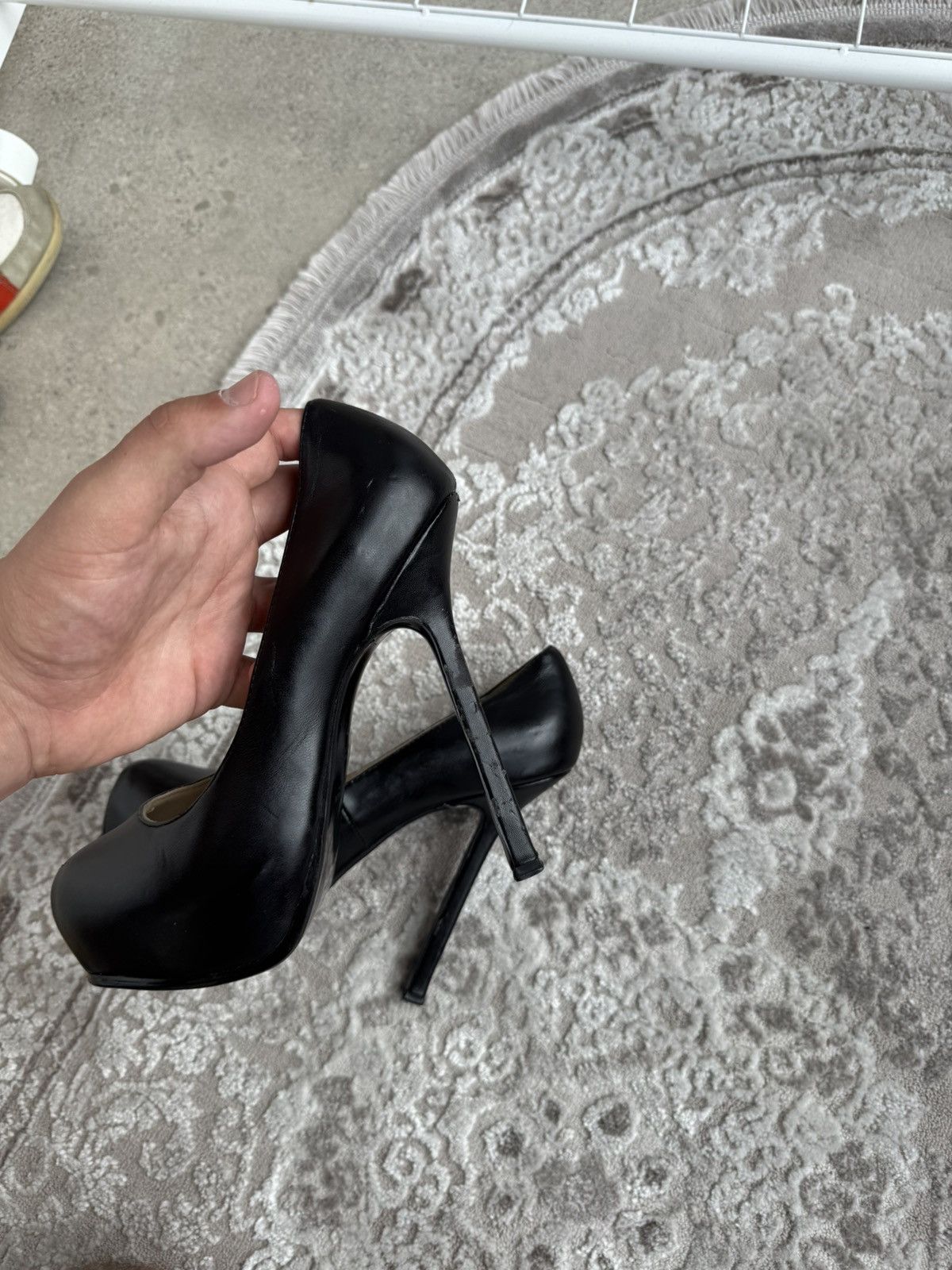 Yves Saint Laurent Saint Laurent (YSL) Tribute Platform Pumps in Black Leather Size US 7 / IT 37 - 8 Thumbnail