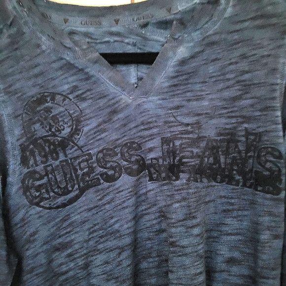 Guess Heathered Graphic Split V-Neck Long Sleeve Tee Size US M / EU 48-50 / 2 - 3 Thumbnail