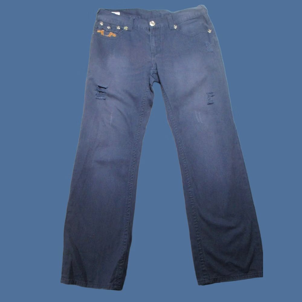 True Religion True Religion Jeans Mens 38x34 Blue Denim Ricky Straight Distressed Embroidered Jeans Size US 38 / EU 54 - 1 Thumbnail