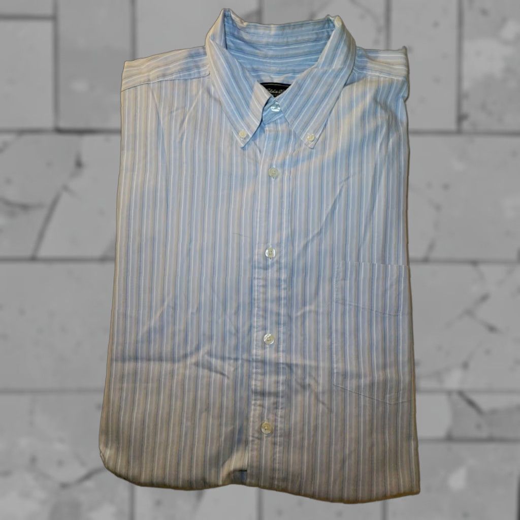 VINTAGE Eddie Bauer Striped Dress Shirt XL Tall Blue White Gray