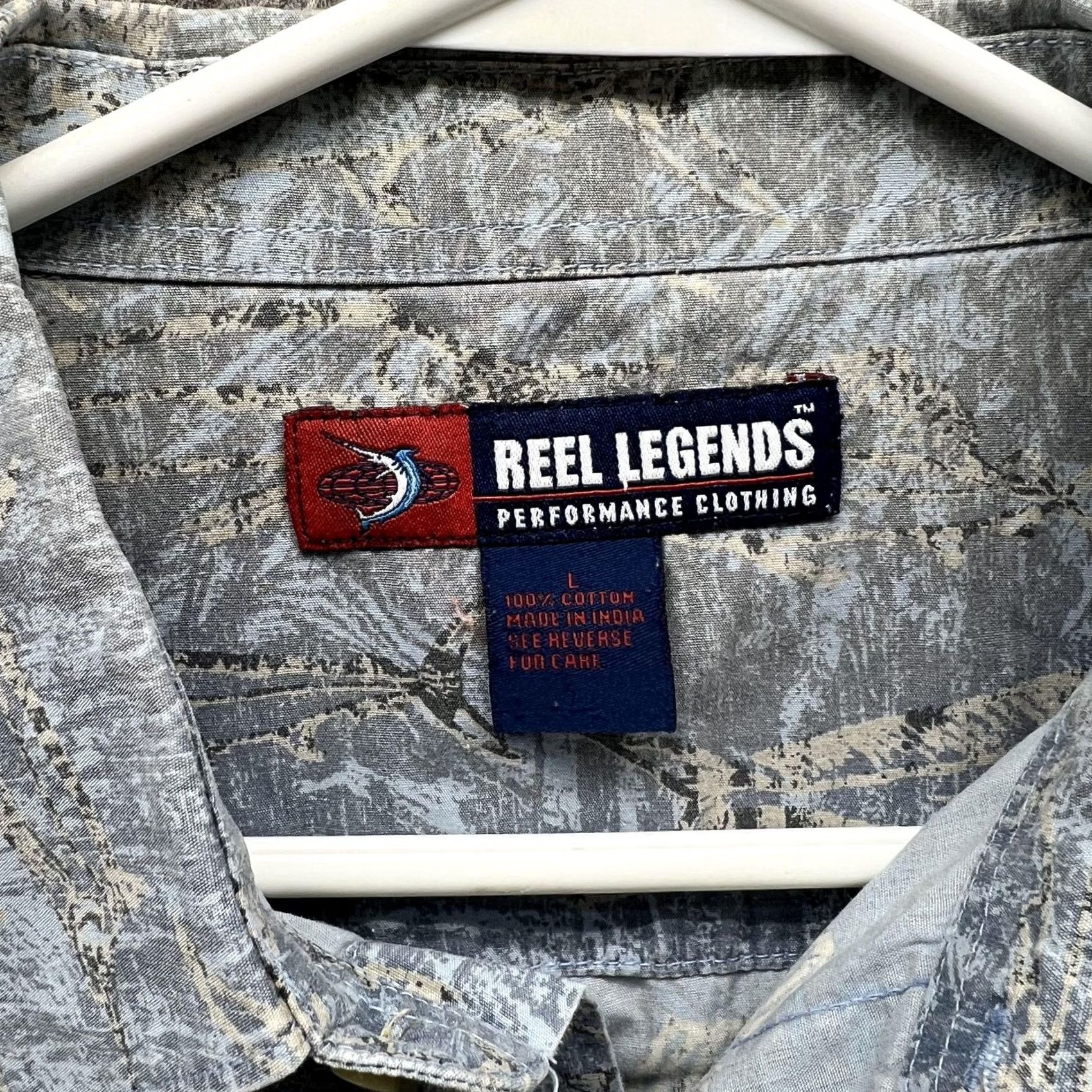 Vintage Reel Legends Shirt Mens Large Blue Gray Fish Print Short Sleeve Button Front Size US L / EU 52-54 / 3 - 4 Thumbnail