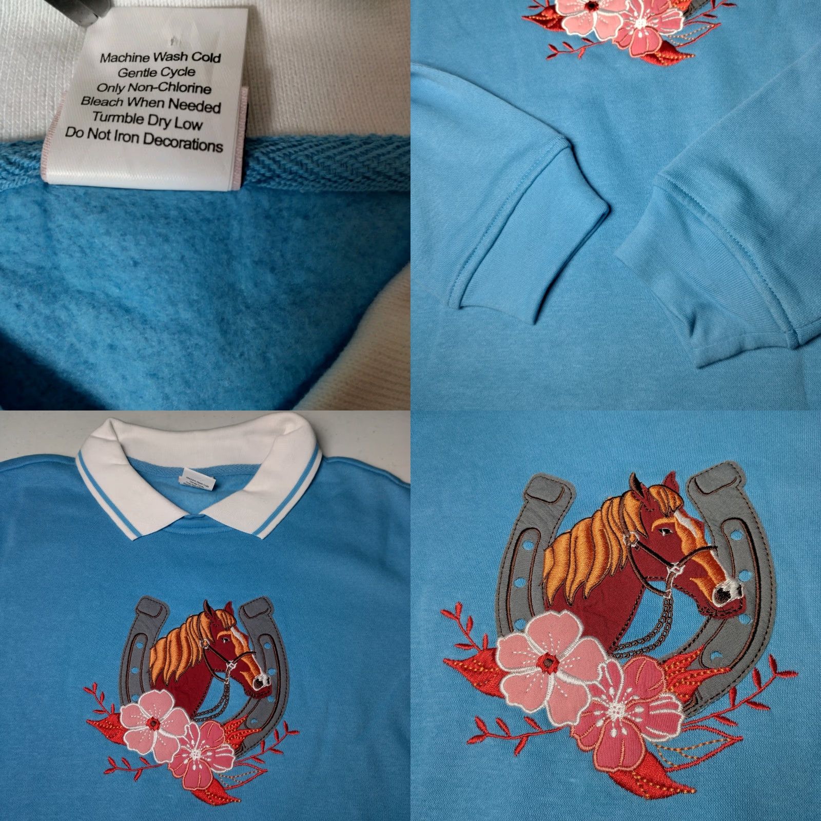 Vintage Adrian Delafield Horse Sweatshirt Women M Collared Horseshoe Equestrian Blue Size M / US 6-8 / IT 42-44 - 8 Thumbnail
