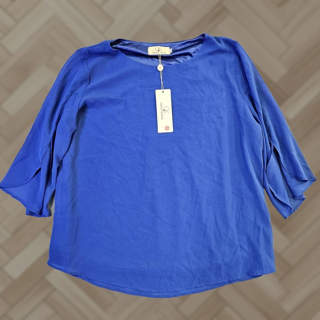 Vintage Grace Karin Blouse Womens Medium Blue Boat Neck 3/4 Sleeve Chiffon Top Basic Size M / US 6-8 / IT 42-44 - 1 Thumbnail